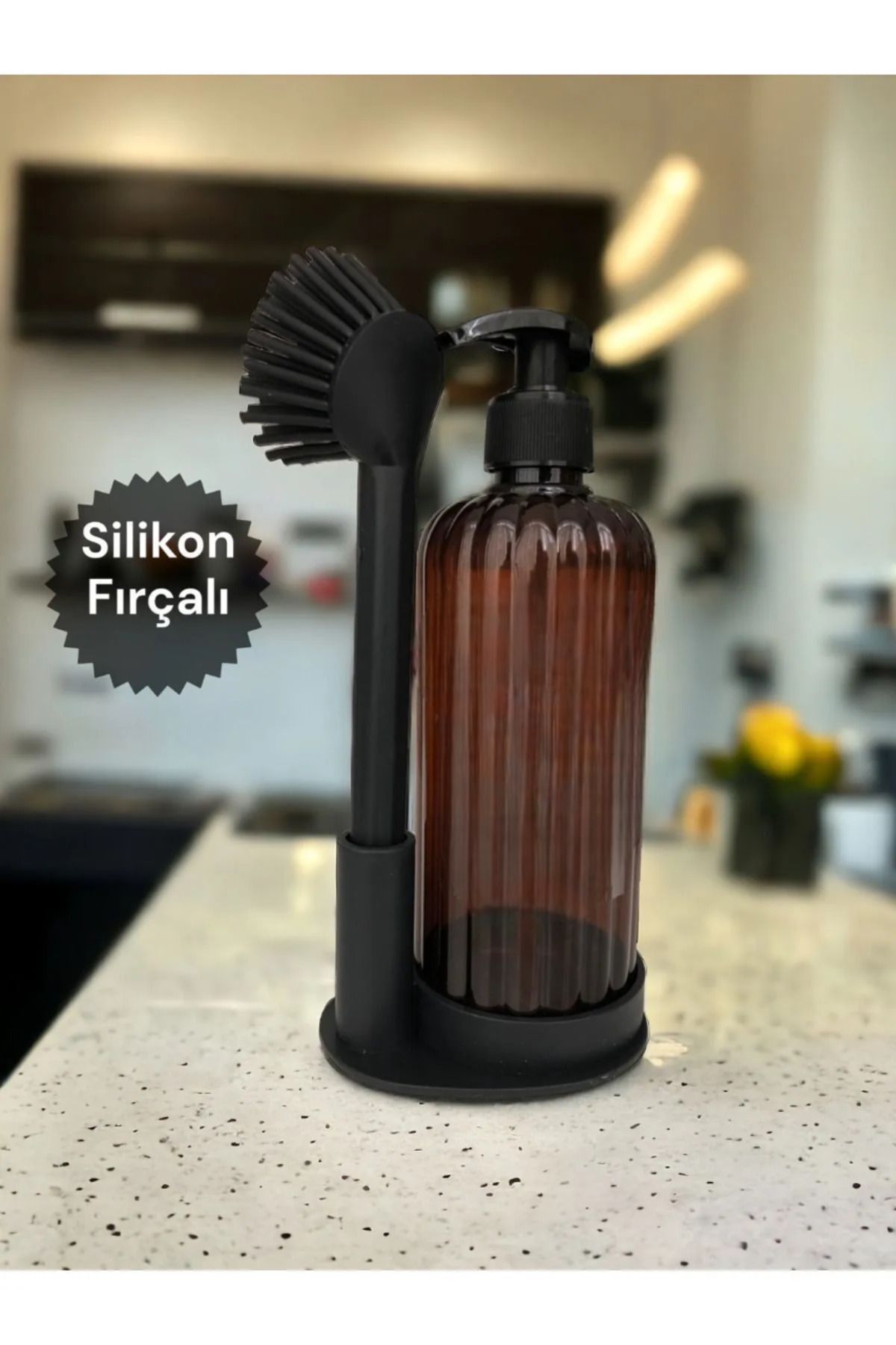 MAİN SHOP Sıvı Sabunluk Yumuşak Silikon Fırçalı Set -Bulaşık Deterjanı-Çamaşır Suyu - Amber Şişe 500 ml M-166