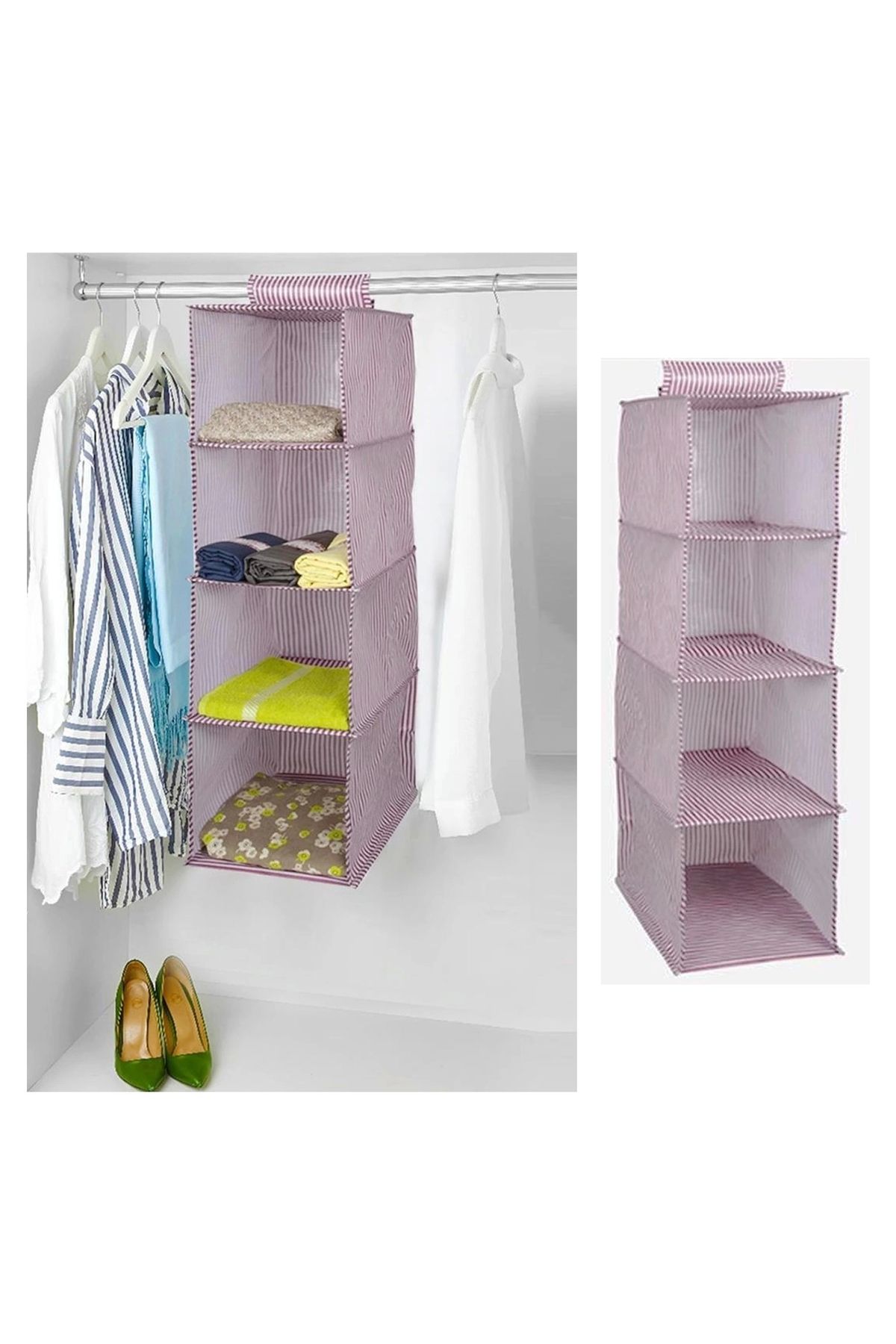 OurStyles Dolap İçi Düzenleyici Katlanabilir Çok Amaçlı 4 Bölmeli Çizgili Bez Organizer (pembe)