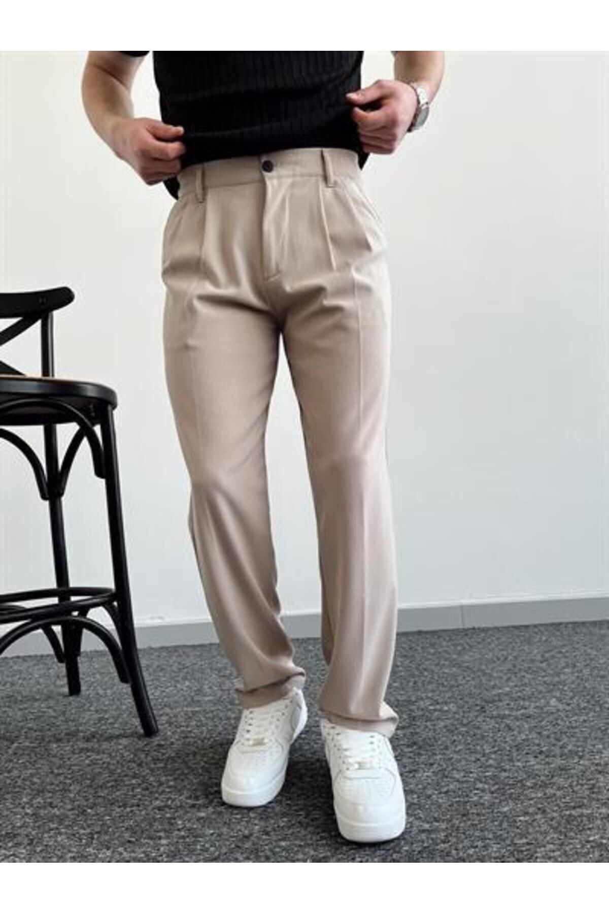 Z1MAN Erkek Pileli Baggy Beli Lastikli Kumaş Pantolon-Bej