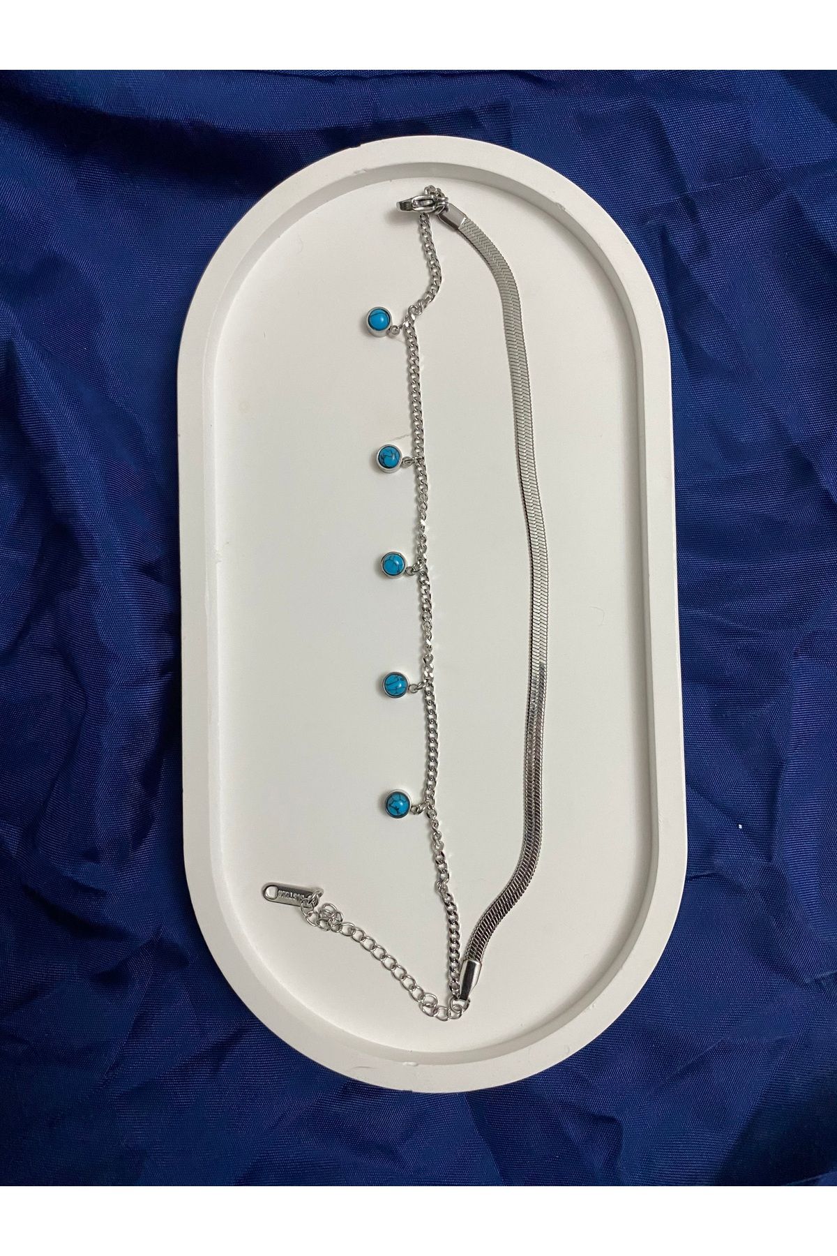 asem jewelry MAVİ BONCUKLU ÇİFT ZİNCİRLİ ÇELİK BİLEKLİK