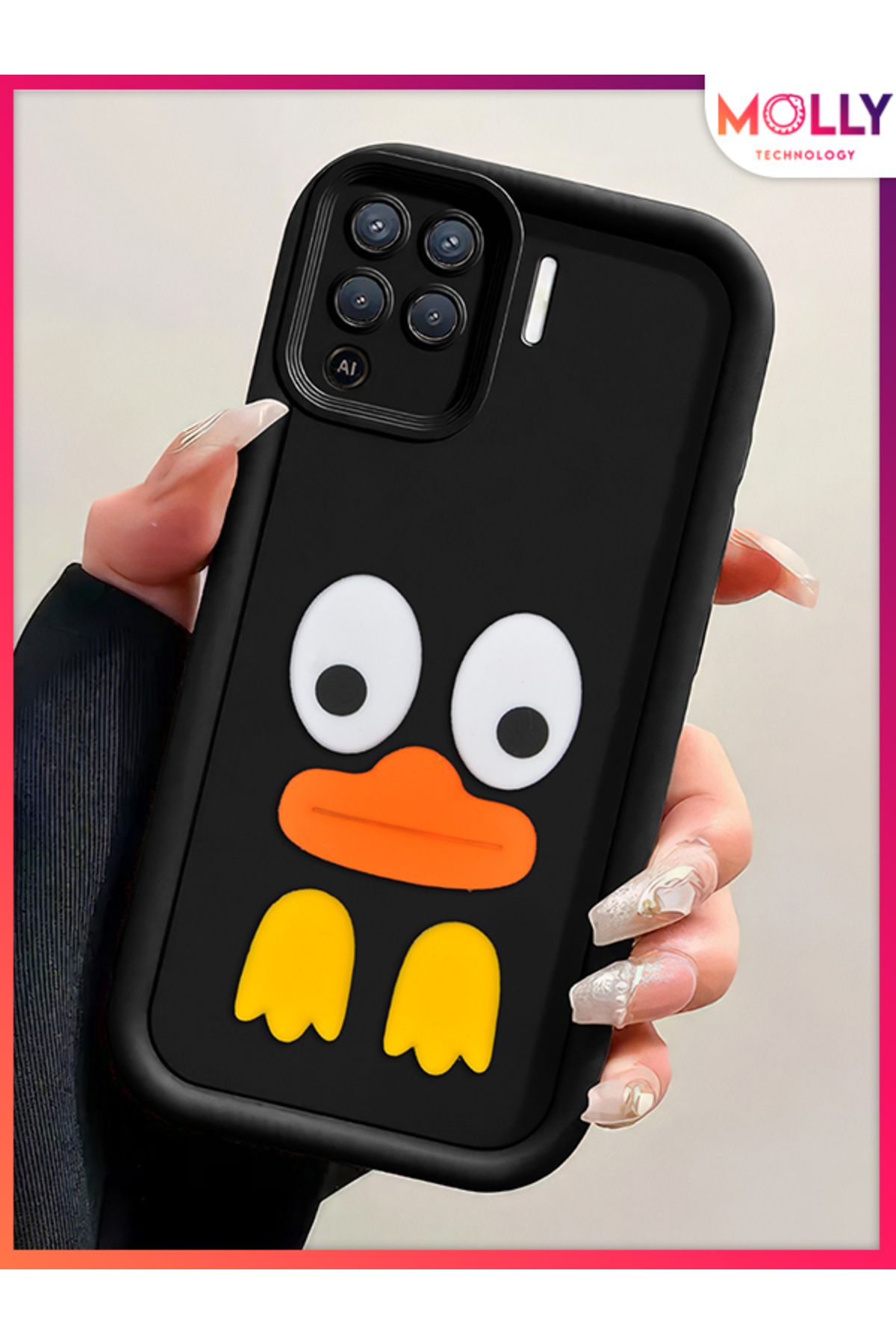 Molly Oppo Reno 5 Lite İçin Siyah Kenarları Kalın 3d Kabartmalı Cute Duck Silikon Kılıf