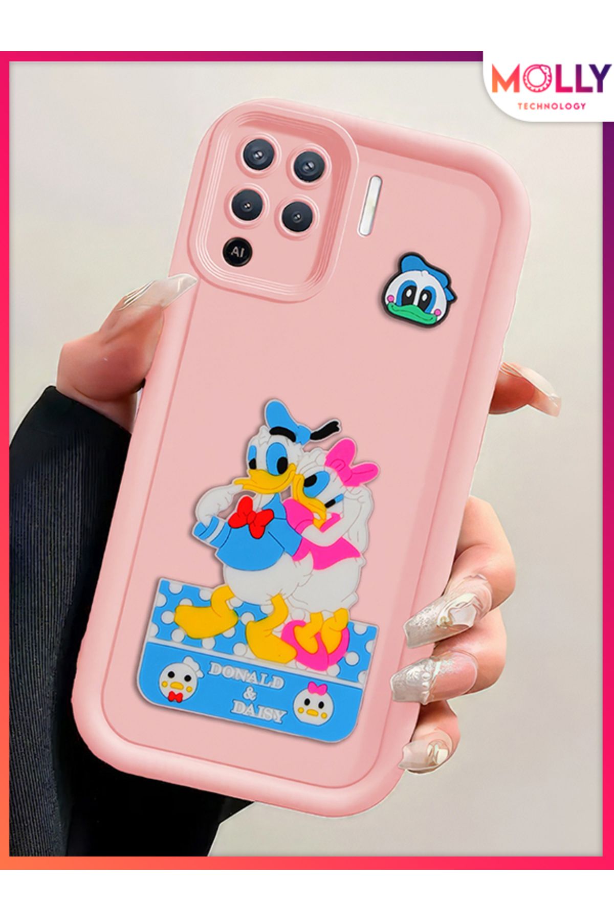 Molly Oppo Reno 5 Lite İçin Kum Pembesi Kenarları Kalın 3d Kabartmalı Donald Daisy Silikon Kılıf