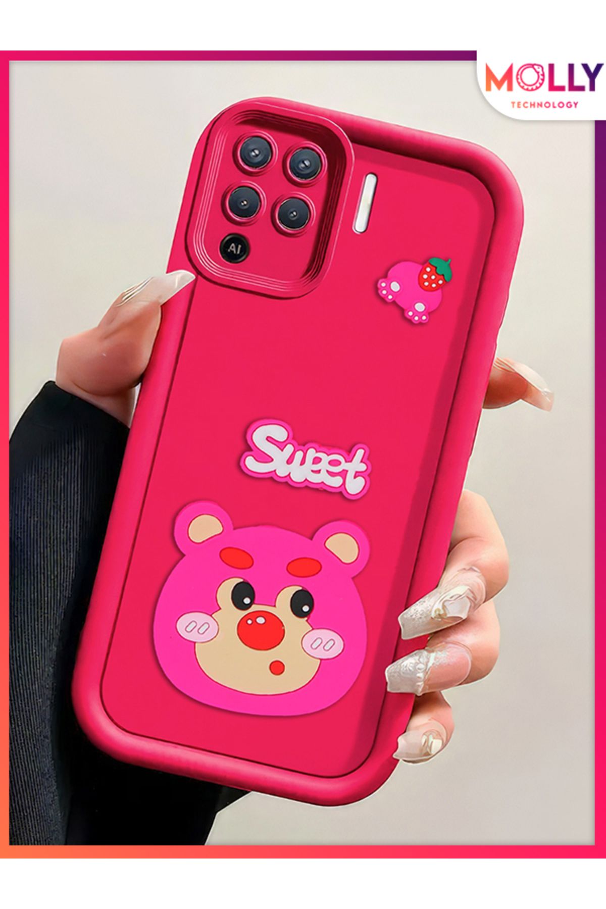 Molly Oppo Reno 5 Lite İçin Magenta Kenarları Kalın 3d Kabartmalı Çilek Ayı Silikon Kılıf