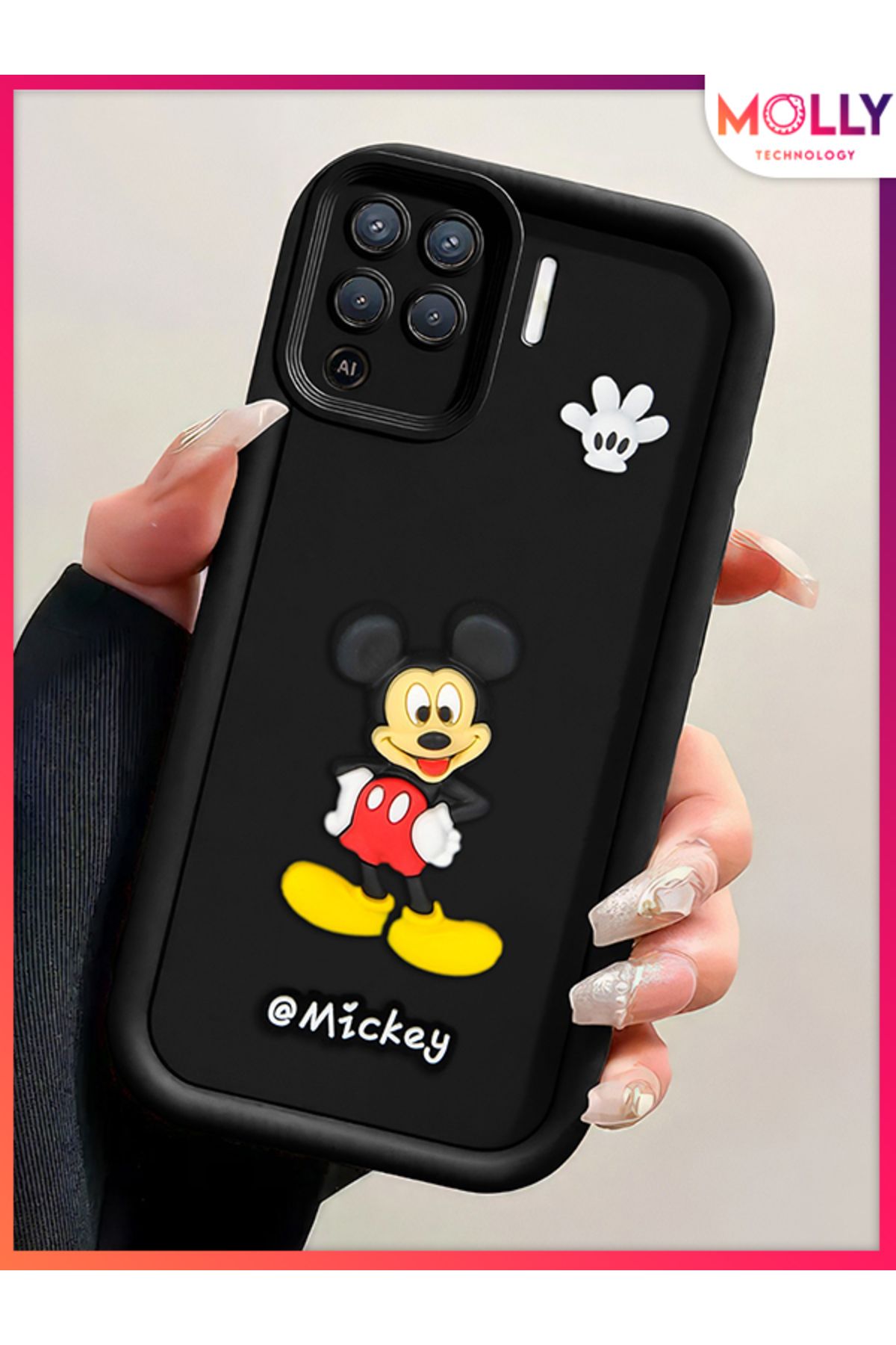 Molly Oppo Reno 5 Lite İçin Siyah Kenarları Kalın 3d Kabartmalı Mickey Silikon Kılıf