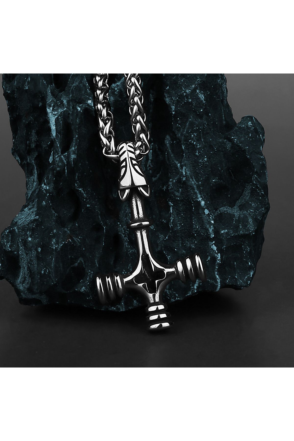 Viking Ters Haç Sallantılı Çift Yüzlü 316L Paslanmaz Çelik Örgü Zincir Kolye