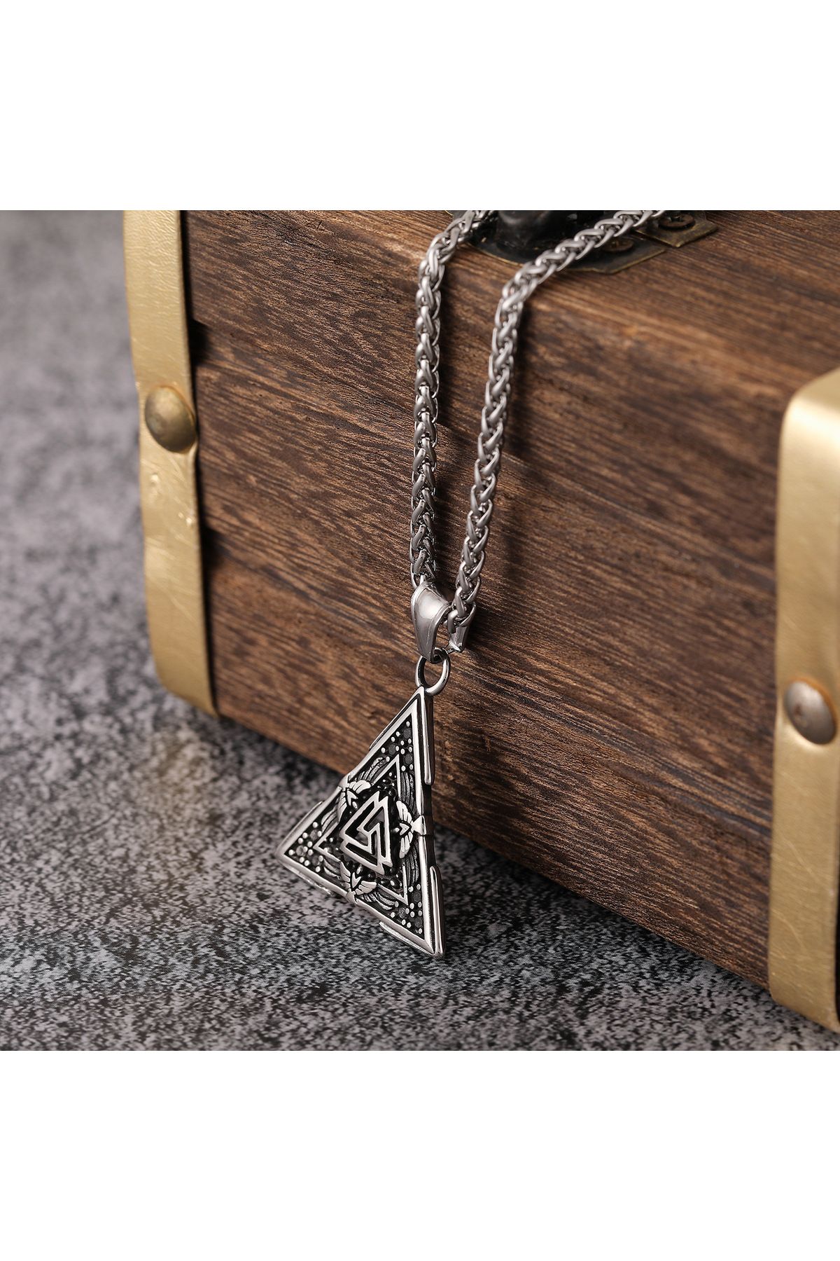 Viking Üçgen Valknut İskandinav Mitolojisi 316L Paslanmaz Çelik Örgü Zincir Kolye
