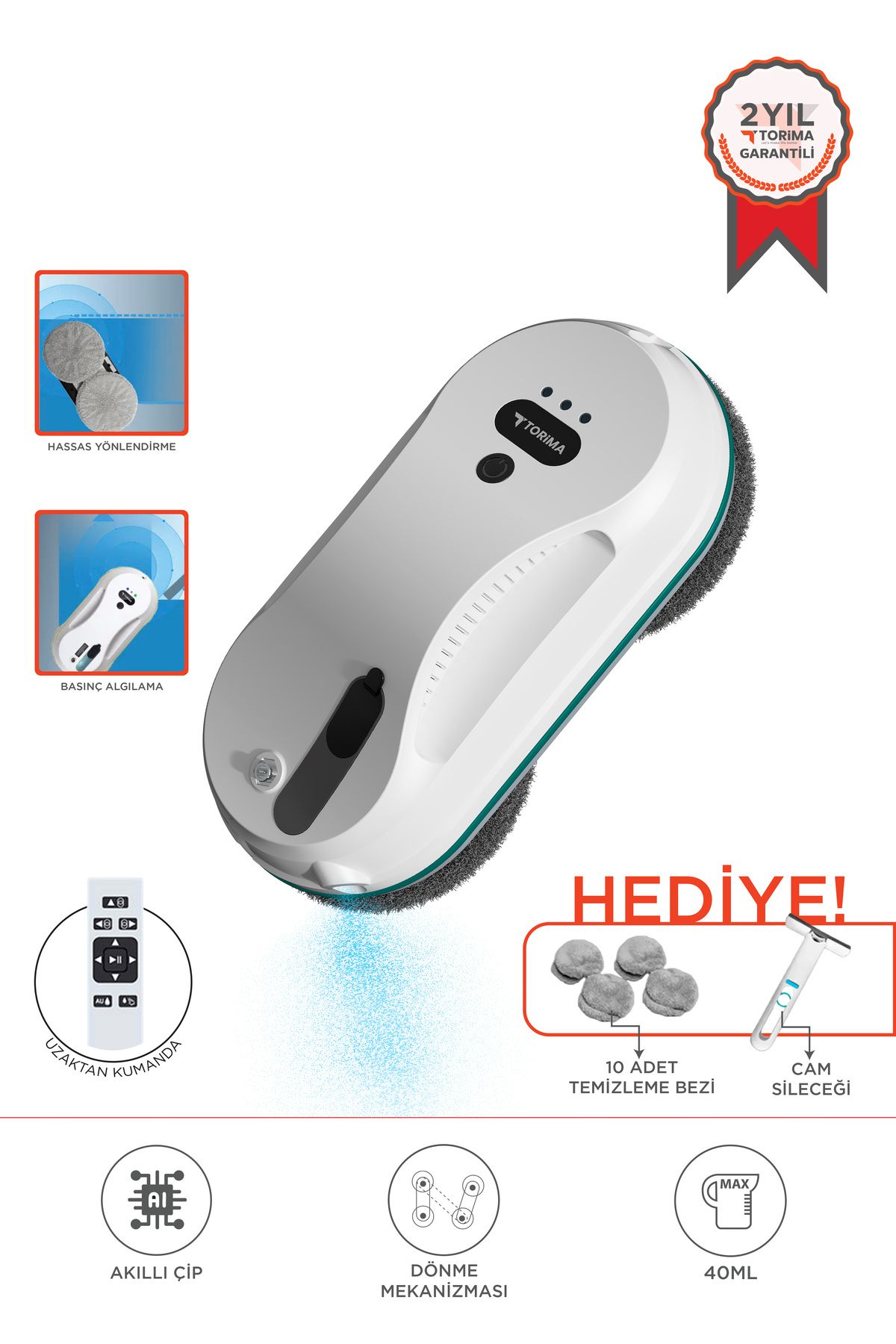 Torima S9 Beyaz Su Püskürtmeli Uzaktan Kumandalı Cam Pencere Temizleme Robotu