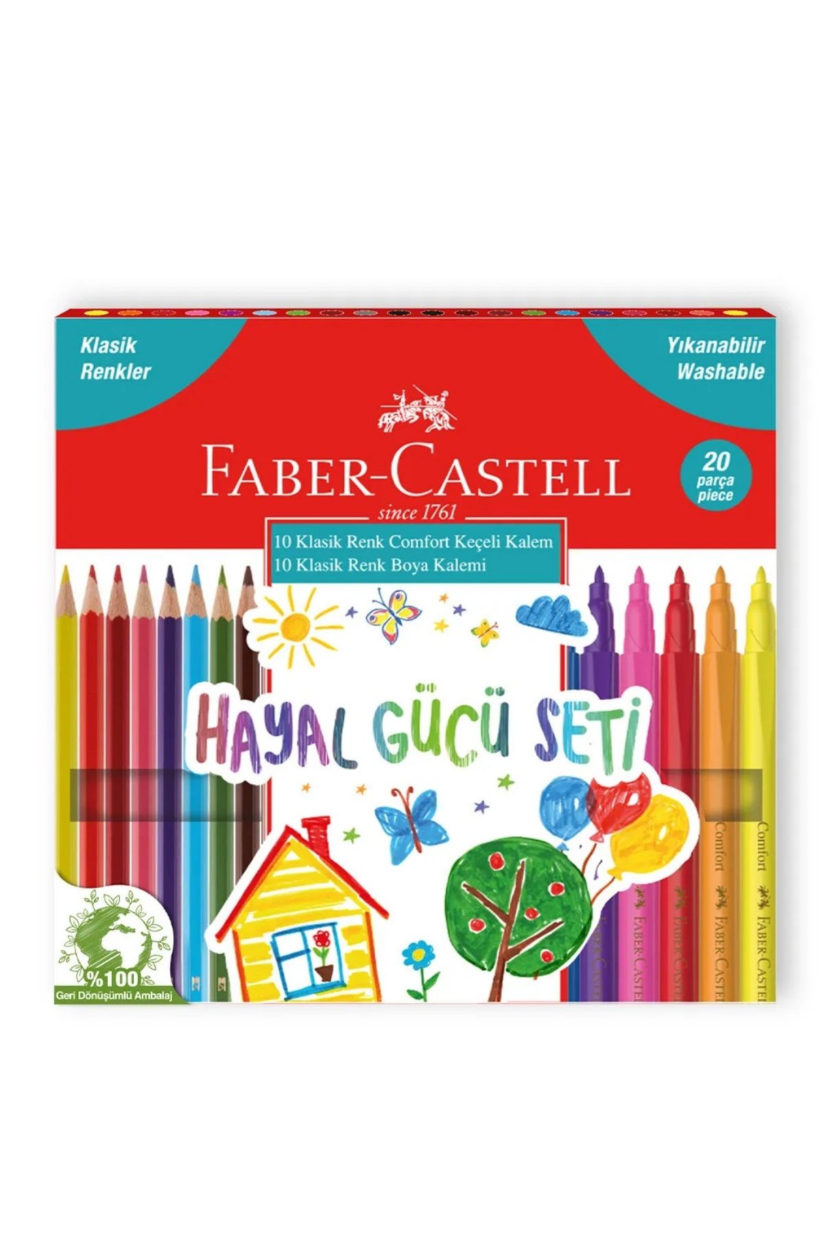 Faber Castell Klasik Renkler Hayal Gücü Seti 20'li,Yıkanabilir Mürekkep, Ergonomik Tasarım