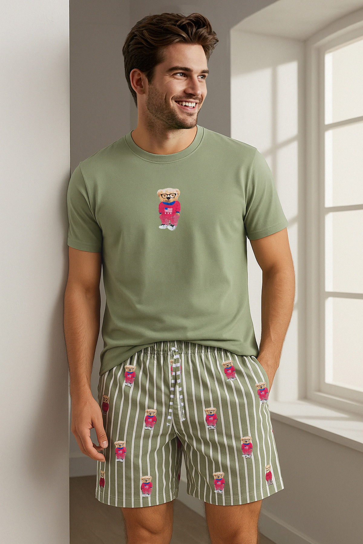 Trendyol Collection-Σετ Πιτζάμες Χακί Regular Fit - Πλεκτό Σορτς με στάμπα 1
