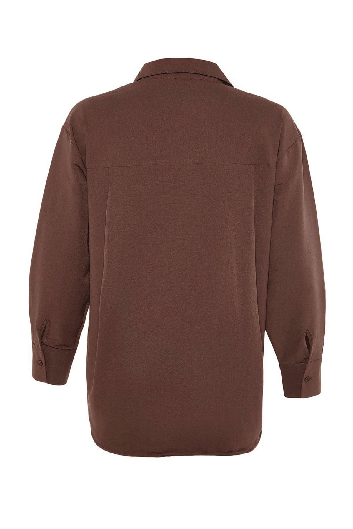 Trendyol Collection-Коричневий бойфренд з однією кишенею з широкою формою з бавовняного плетіння Gomlek TWOAW20GO0115 9