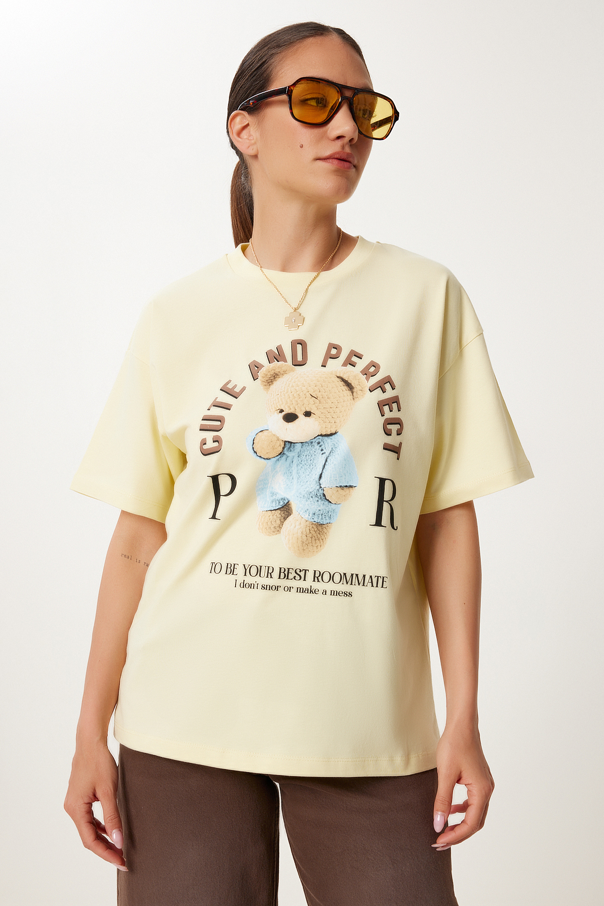 Happiness İstanbul  Kadın Sarı Baskılı Oversize Pamuklu Örme T-Shirt CR00508