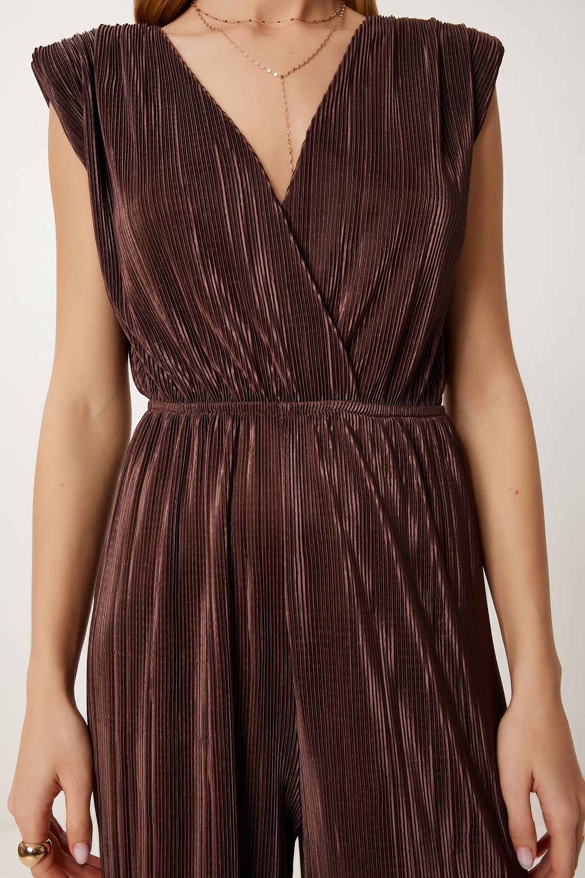 Happiness İstanbul-Brauner, wattierter, plissierter Strickoverall für Damen AN00235 5