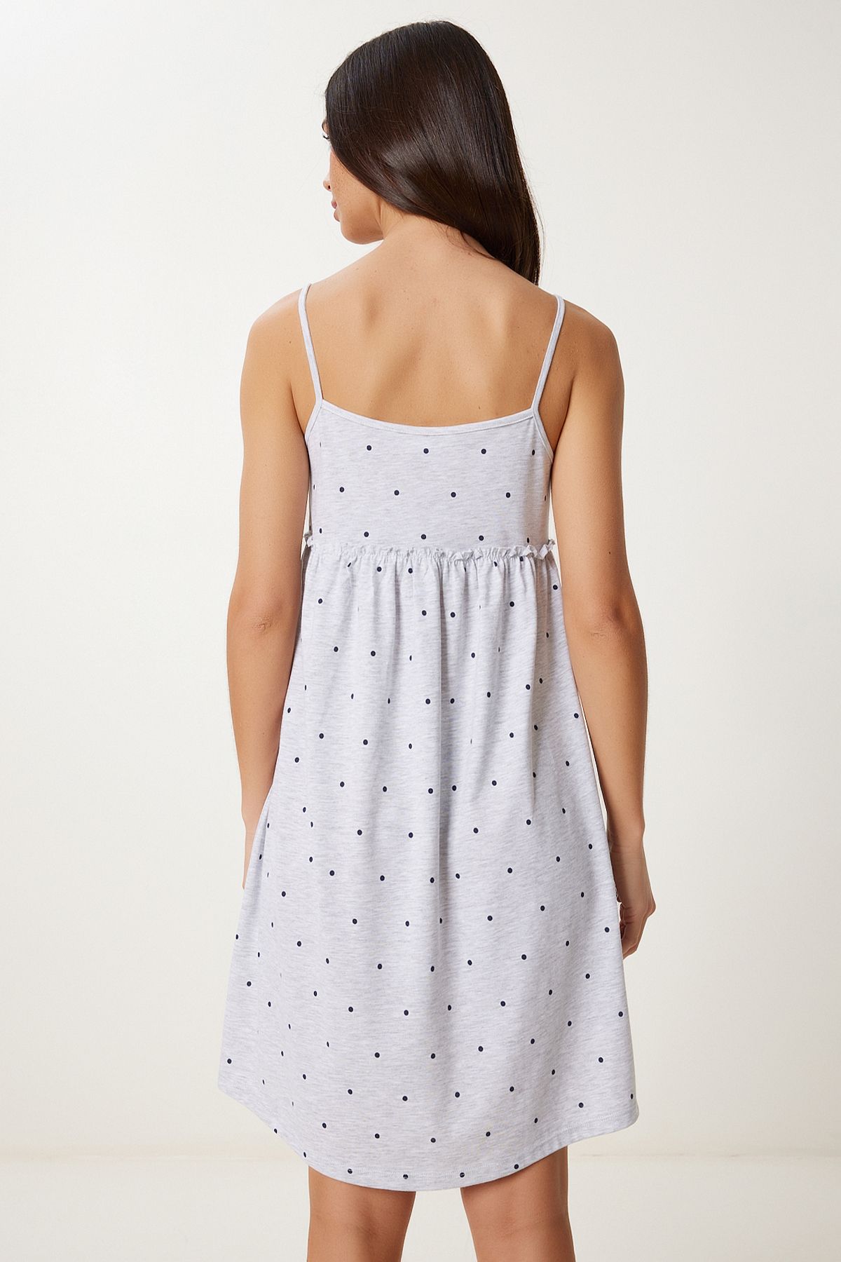 Happiness İstanbul-Women's Gray Melange Strap Soft Textured Cotton Knitted Nightgown Dress Ce00097 4
