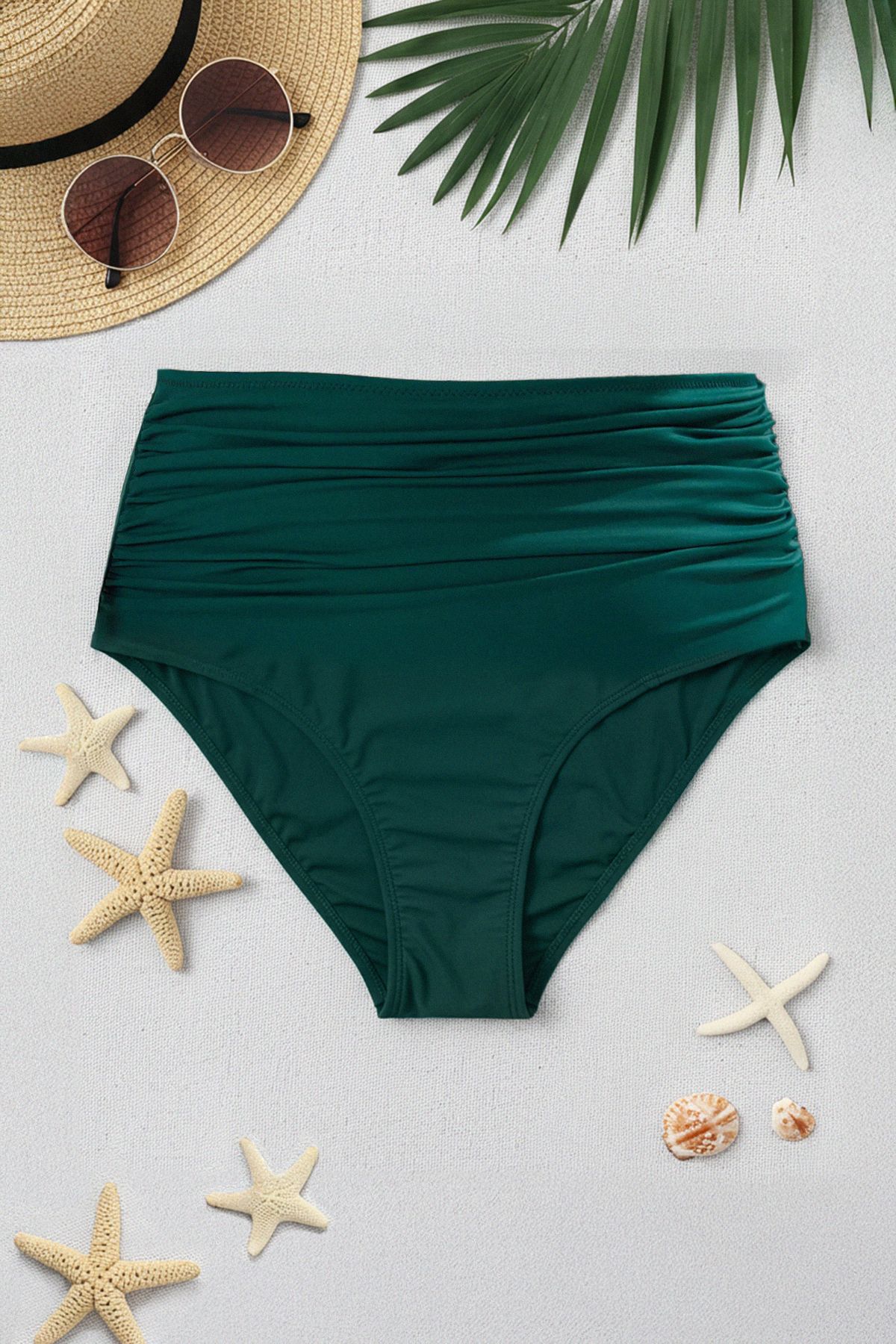 Trendyol Curve-Gathering Plus Size Green Bikini Bottom with High Waist and Drawstring Detail - Tbbss23Cr00001 1