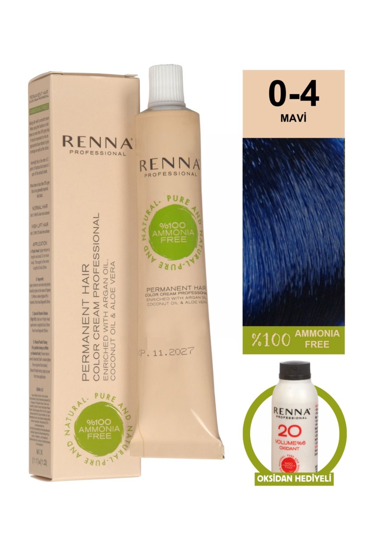 Renna AMONYAKSIZ Bitkisel Yıpranmış Saçlar İçin Saç Boyası 0-4 MAVİ 60ml