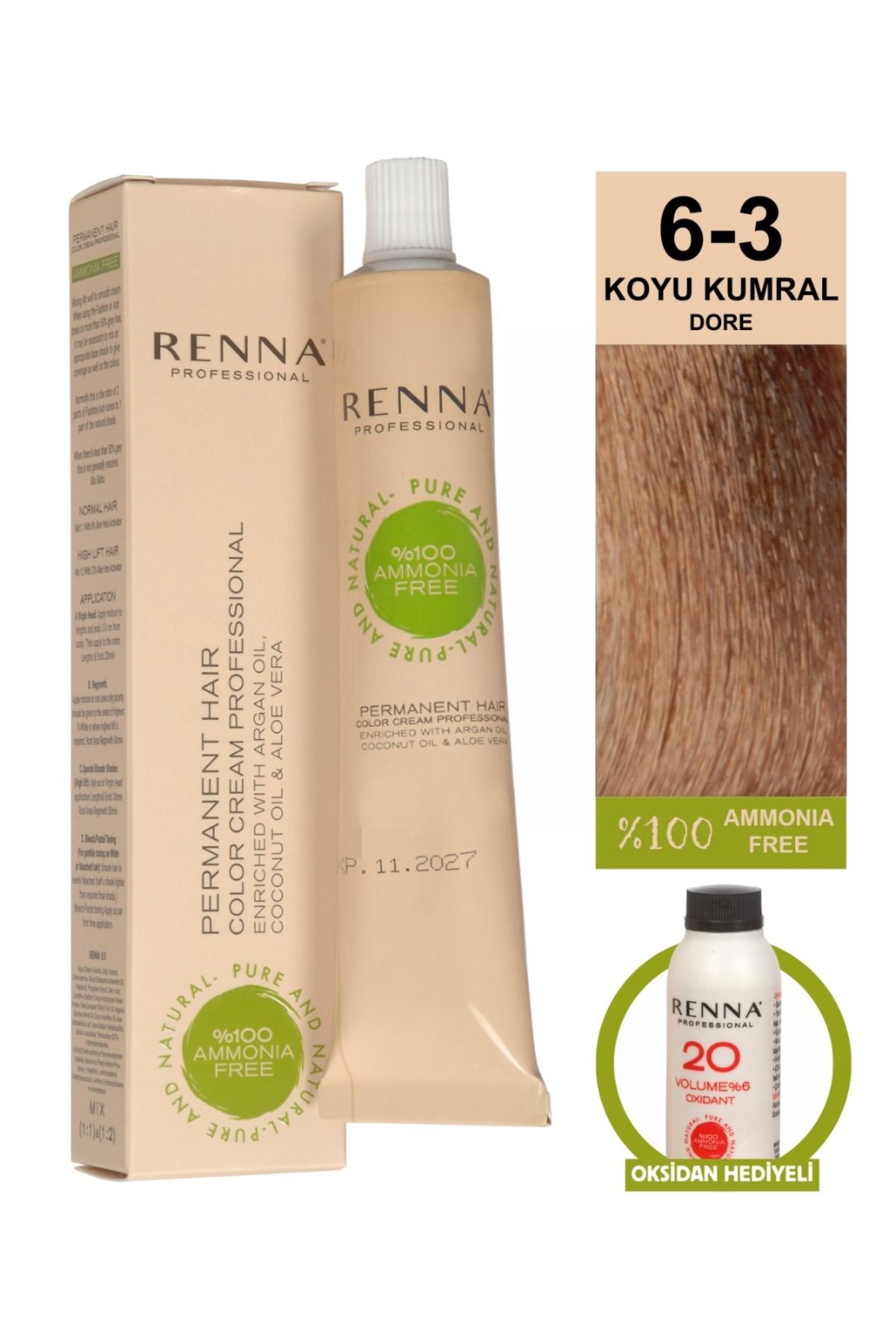 Renna AMONYAKSIZ Bitkisel Yıpranmış Saçlar İçin Saç Boyası 6-3 KOYU KUMRAL 60ml