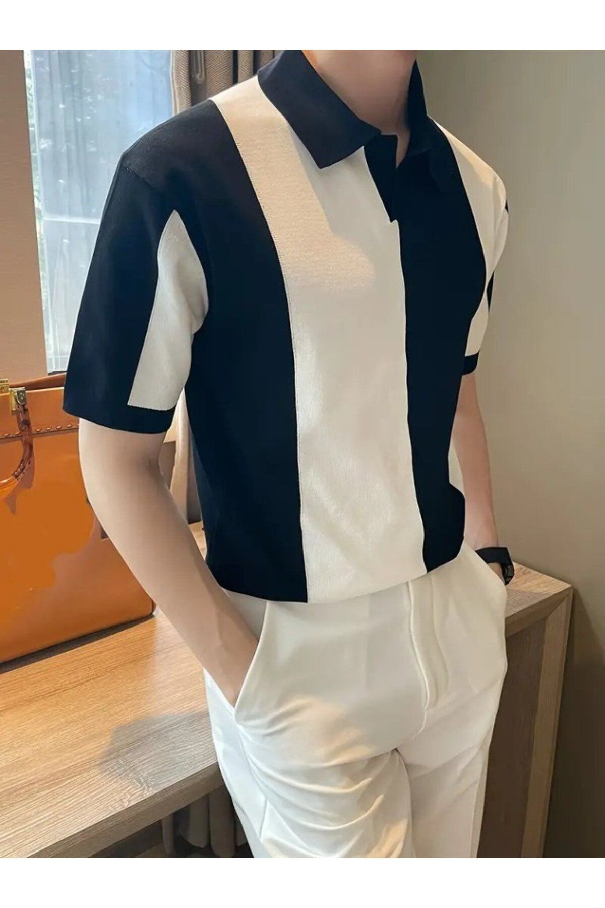 gelirr Erkek Kısa Kollu Polo Yakalı Blok Desenli Triko Bluz