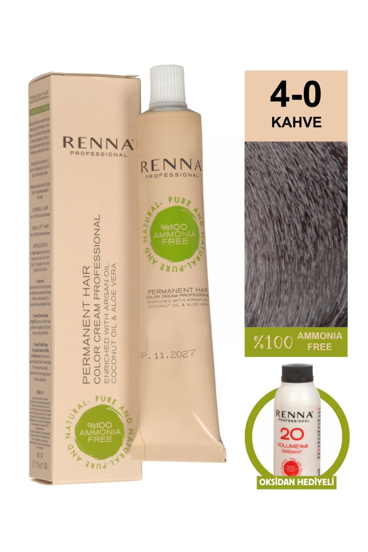 Renna AMONYAKSIZ Bitkisel Yıpranmış Saçlar İçin Saç Boyası 4-0 KAHVE 60ml