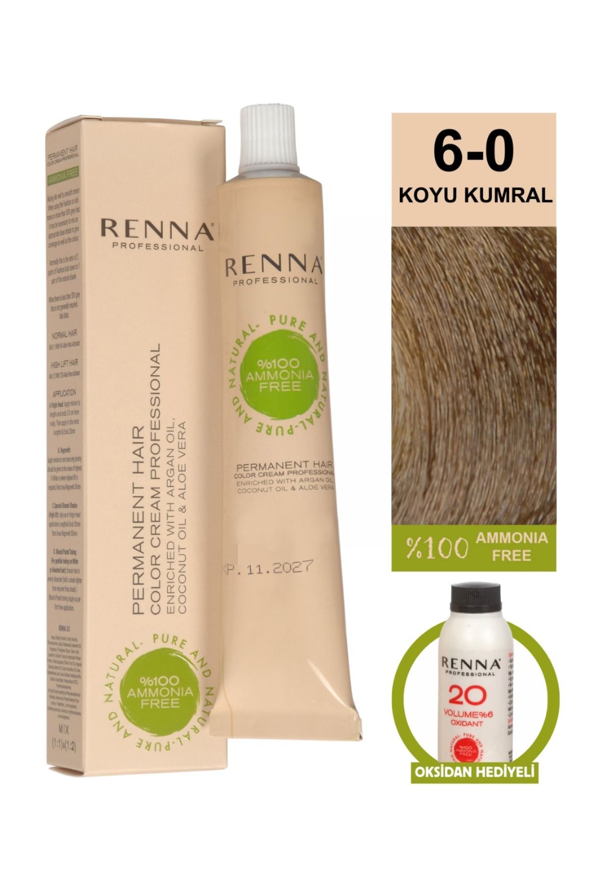Renna AMONYAKSIZ Bitkisel Yıpranmış Saçlar İçin Saç Boyası 6-0 KOYU KUMRAL 60ml