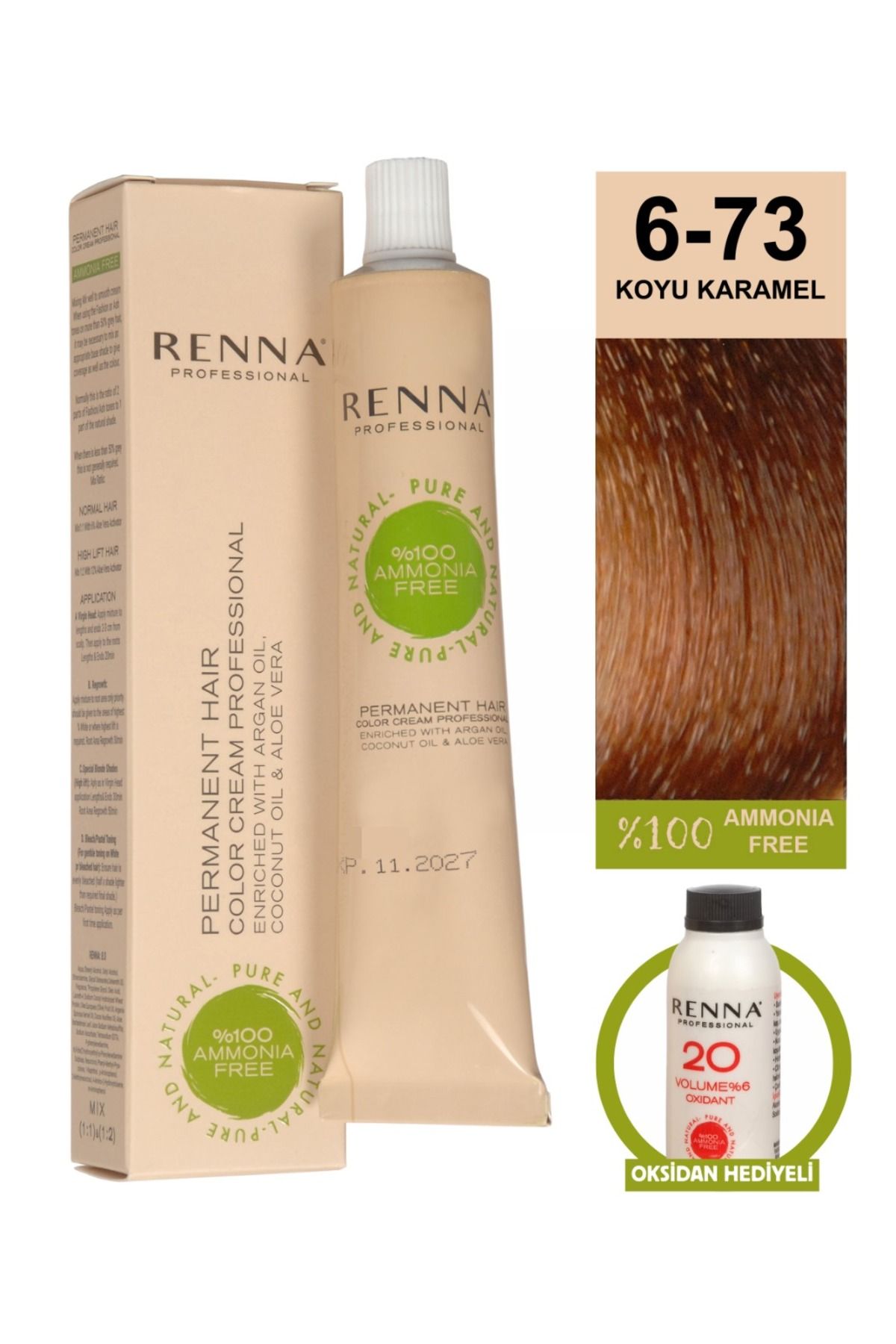 Renna AMONYAKSIZ Bitkisel Yıpranmış Saçlar İçin Saç Boyası 6-73 KOYU KARAMEL 60ml