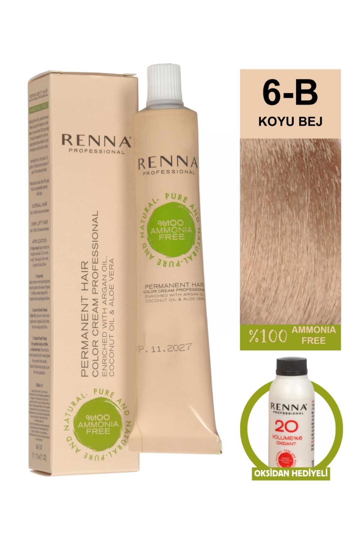 Renna AMONYAKSIZ Bitkisel Yıpranmış Saçlar İçin Saç Boyası 6-B KOYU BEJ 60ml