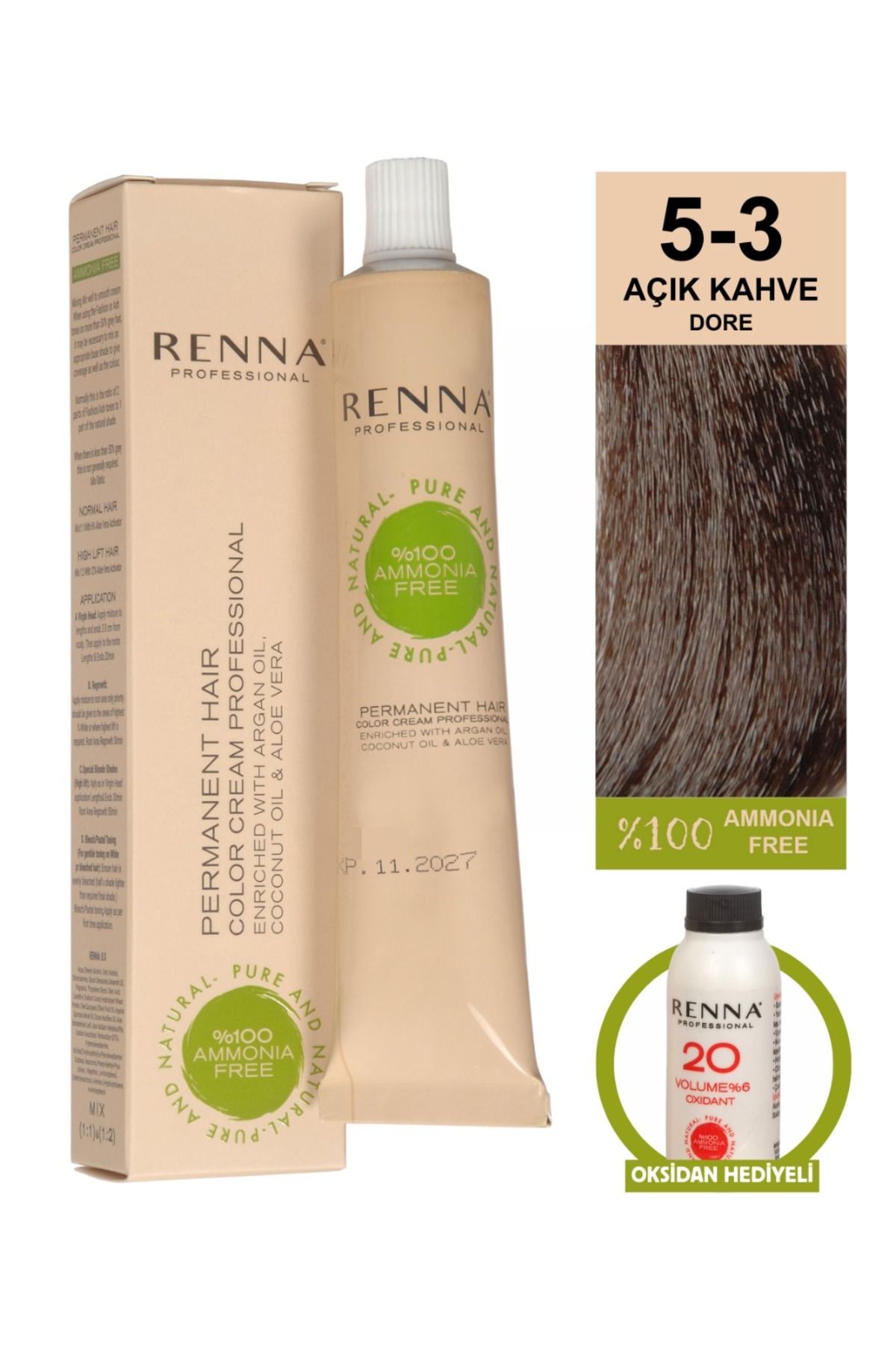 Renna AMONYAKSIZ Bitkisel Yıpranmış Saçlar İçin Saç Boyası 5-3 AÇIK KAHVE DORE 60ml
