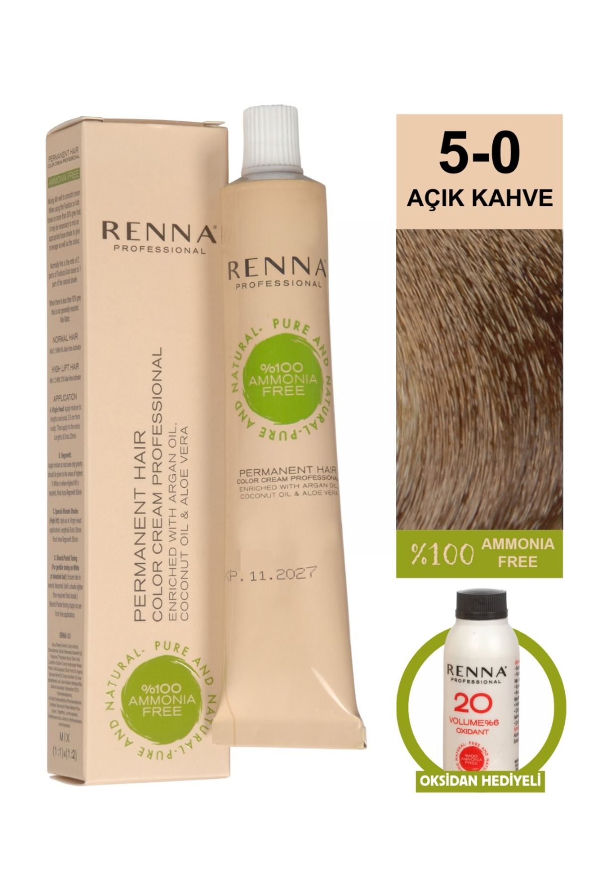 Renna AMONYAKSIZ Bitkisel Yıpranmış Saçlar İçin Saç Boyası 5-0 AÇIK KAHVE 60ml