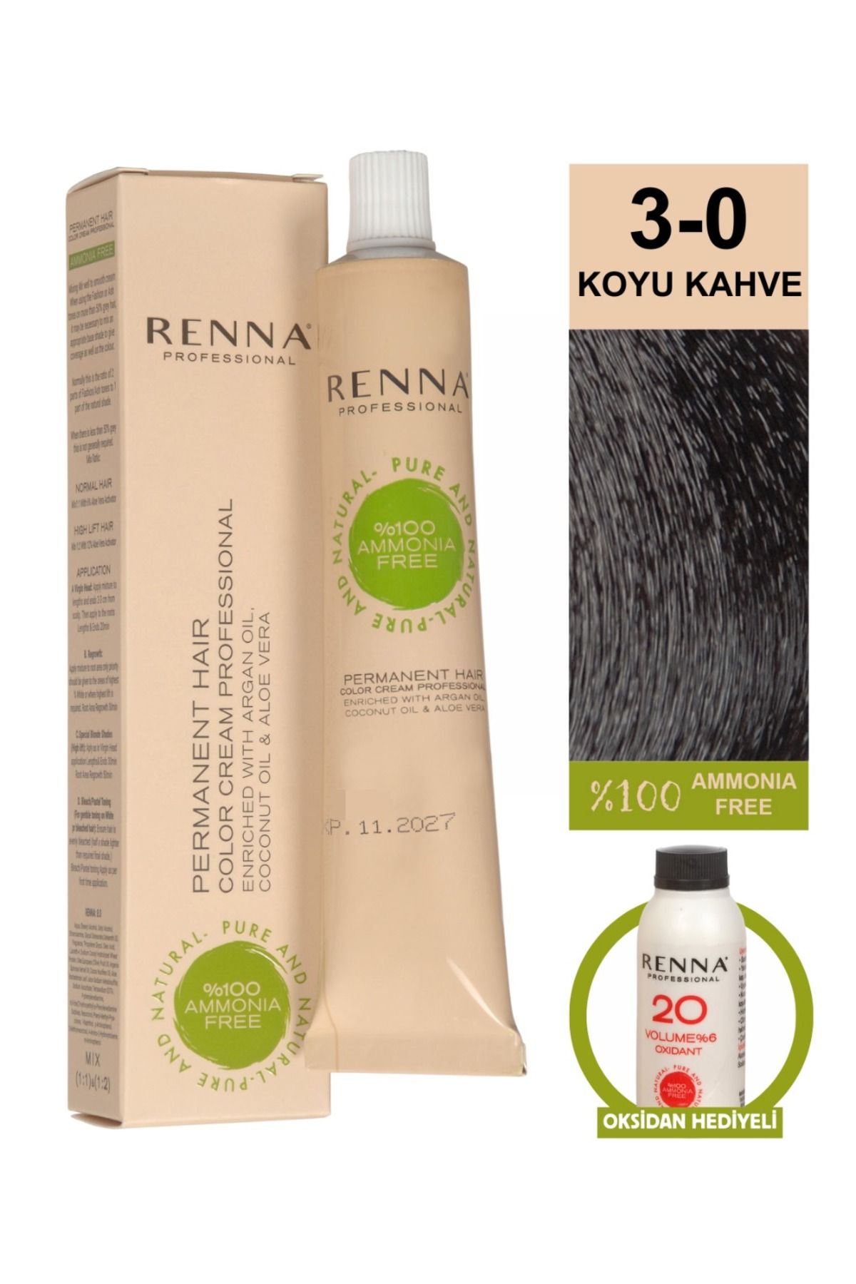 Renna AMONYAKSIZ Bitkisel Yıpranmış Saçlar İçin Saç Boyası 3-0 KOYU KAHVE 60ml