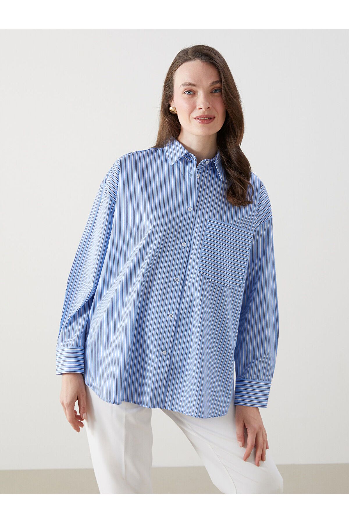 LC Waikiki Çizgili Oversize Poplin Kadın Gömlek