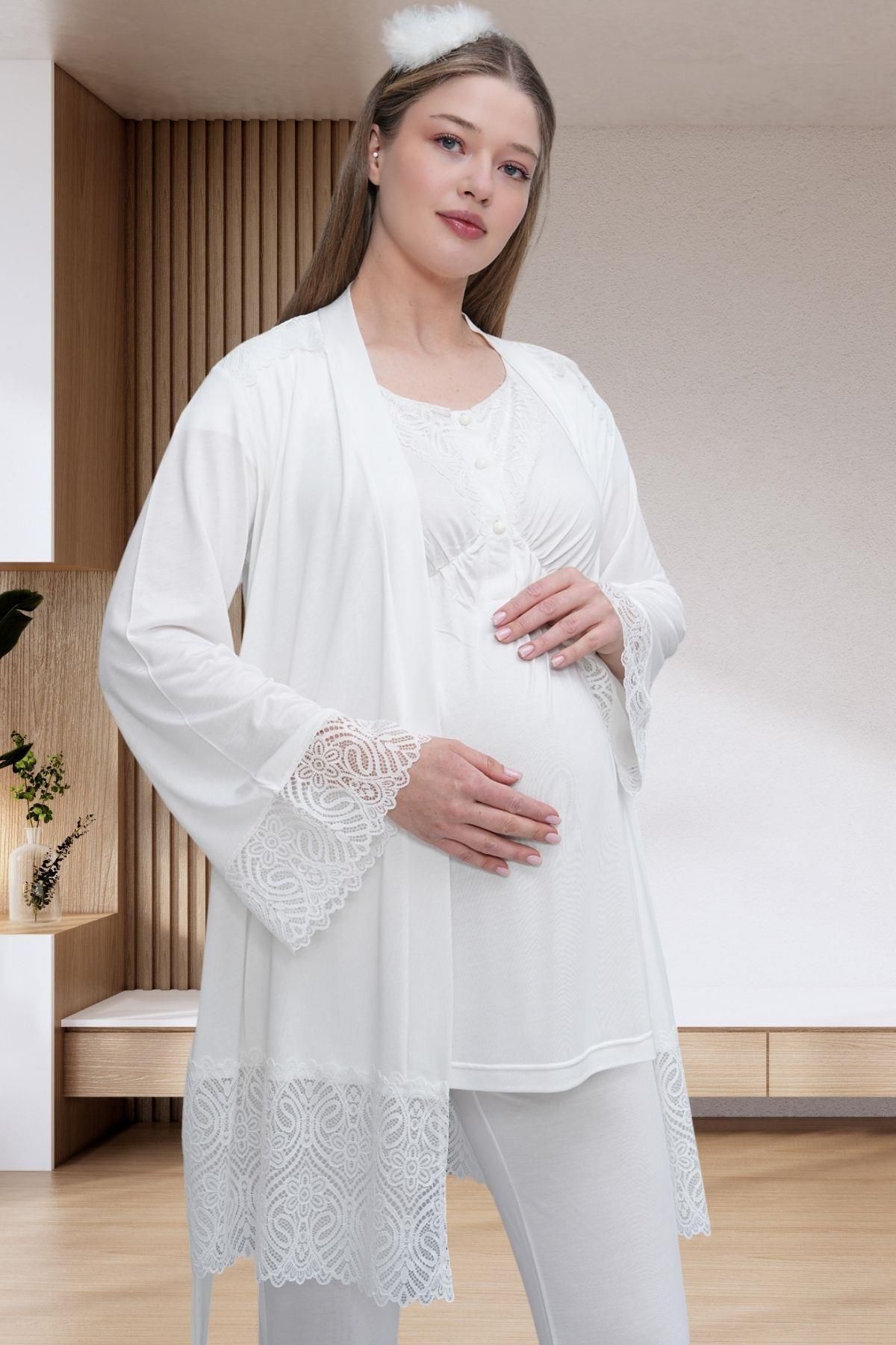 Mecit Pijama Ekru Sabahlıklı Lohusa Pijama Takımı