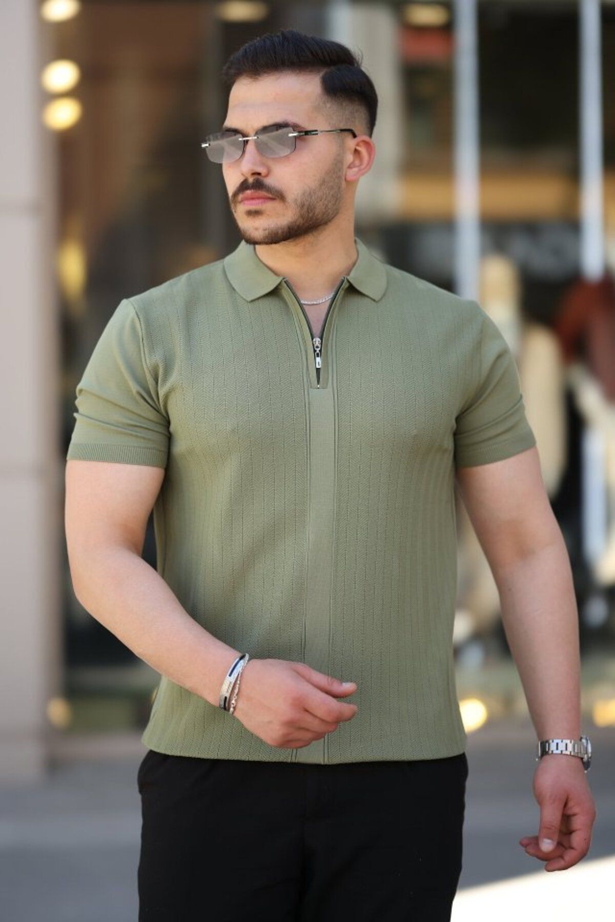 novafems Erkek Yakası Fermuarlı Kısa Kollu T-shirt