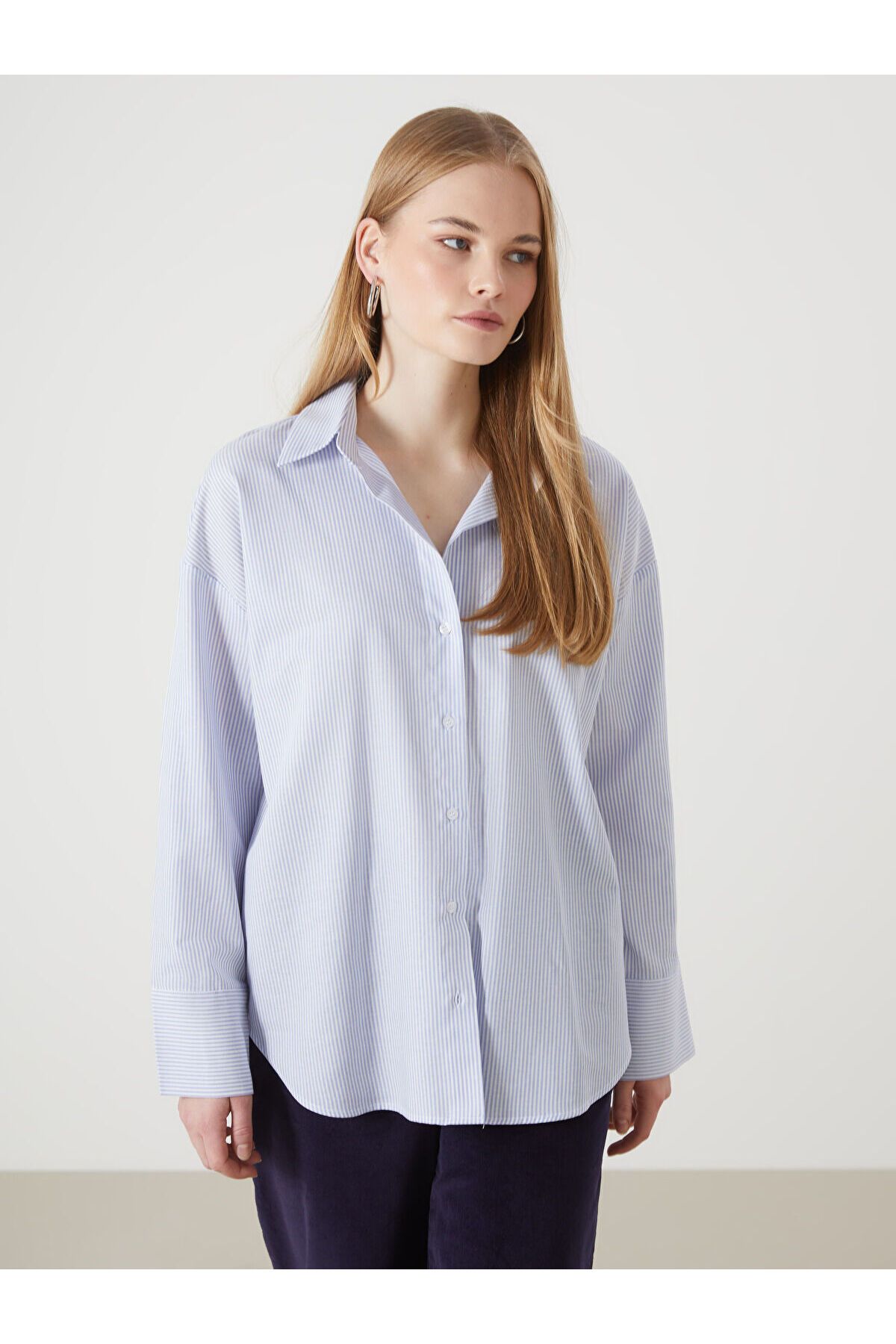 LC Waikiki Çizgili Oversize Oxford Kadın Gömlek