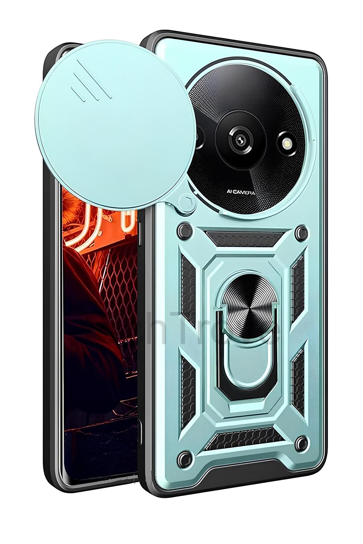 TechTrove Xiaomi Redmi A3 4G Kılıf Sürgülü Kamera Korumalı Yüzüklü Stand Olabilen Magnetic Tpu Tank Kapak