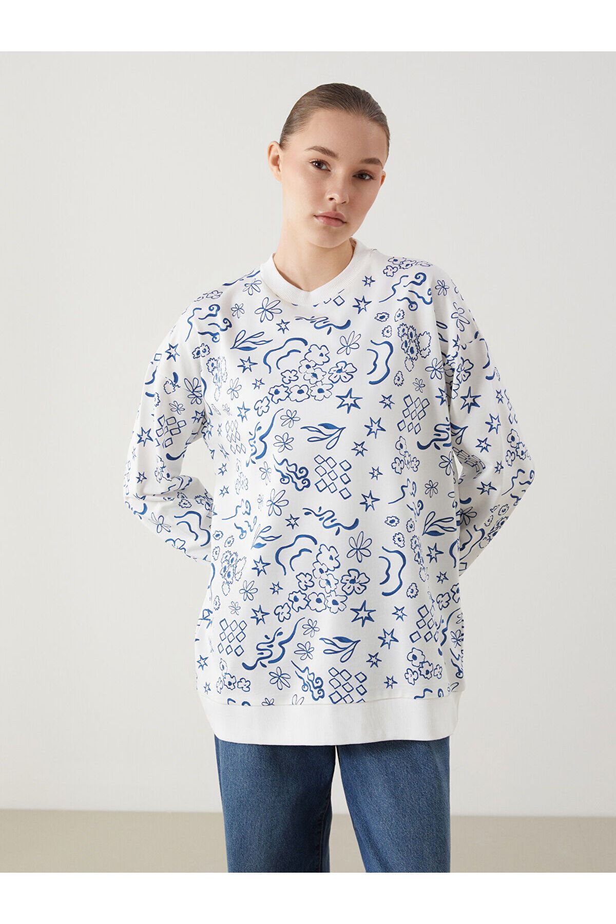 LC Waikiki Desenli Oversize Kadın Sweatshirt Tunik