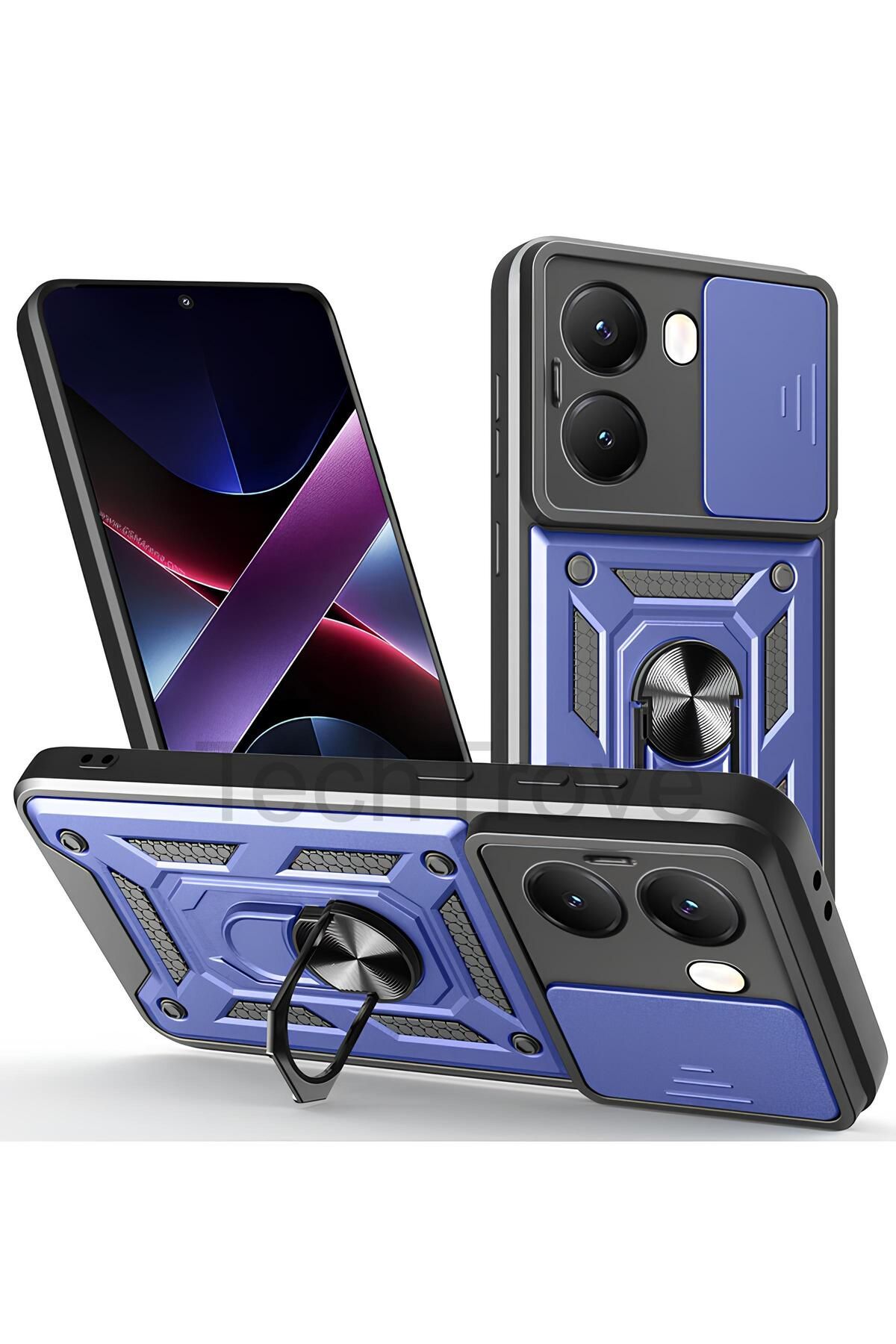 TechTrove Xiaomi Poco X7 Pro Kılıf Sürgülü Kamera Korumalı Yüzüklü Stand Olabilen Magnetic Tpu Tank Kapak