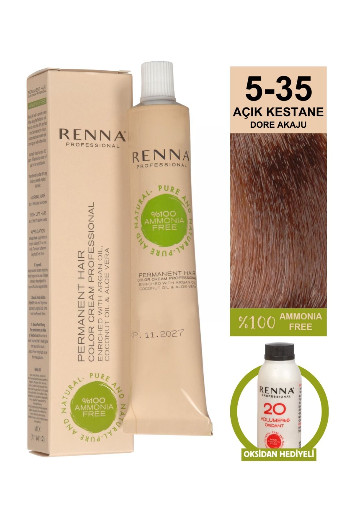 Renna AMONYAKSIZ Bitkisel Yıpranmış Saçlar İçin Saç Boyası 5-35 Açık Kestane 60ml