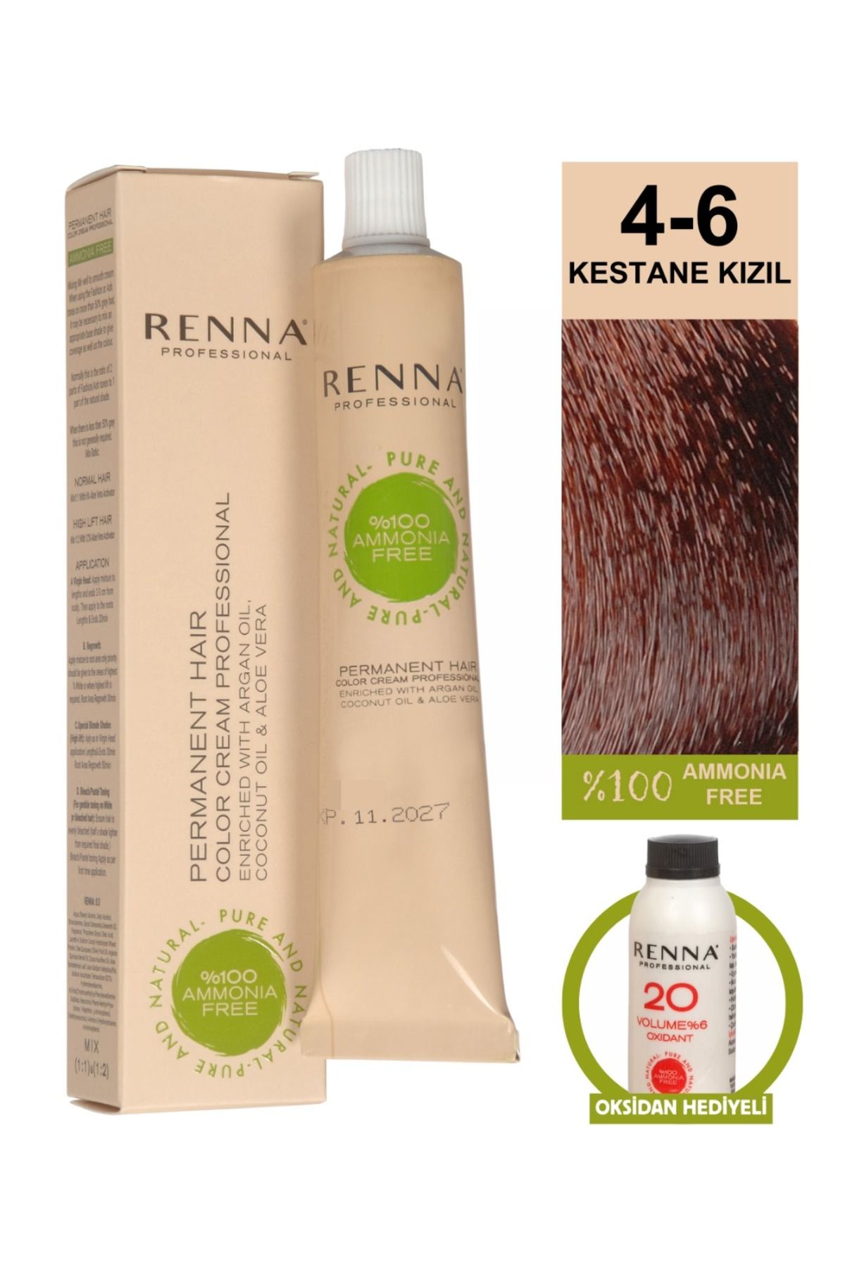Renna AMONYAKSIZ Bitkisel Yıpranmış Saçlar İçin Saç Boyası 4-6 KESTANE KIZIL 60ml