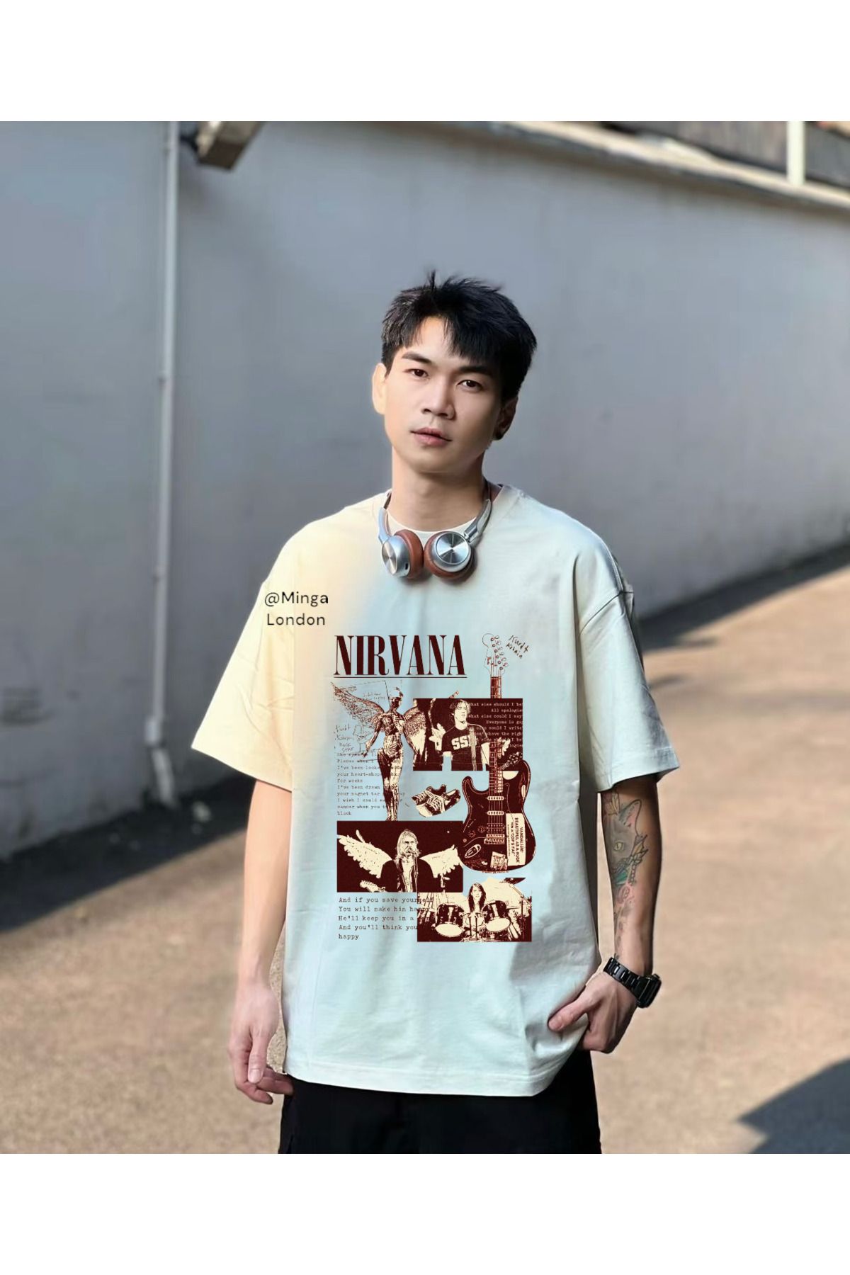 Minga London Bej Nirvana Music Group Ön Baskılı Oversize Tshirt - Ghostella