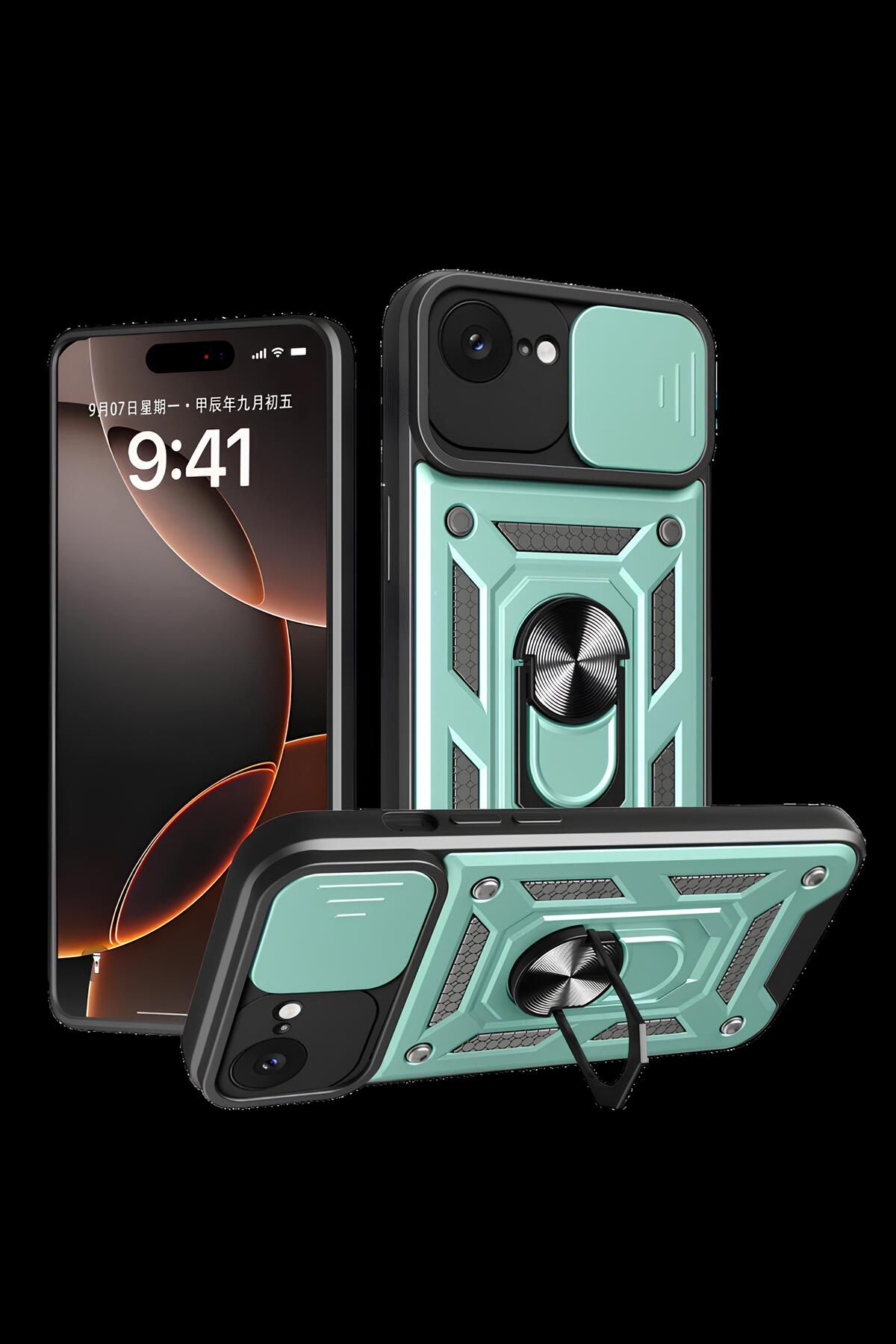 TechTrove iPhone 16E Kılıf Sürgülü Kamera Korumalı Yüzüklü Stand Olabilen Magnetic Tpu Tank Kapak