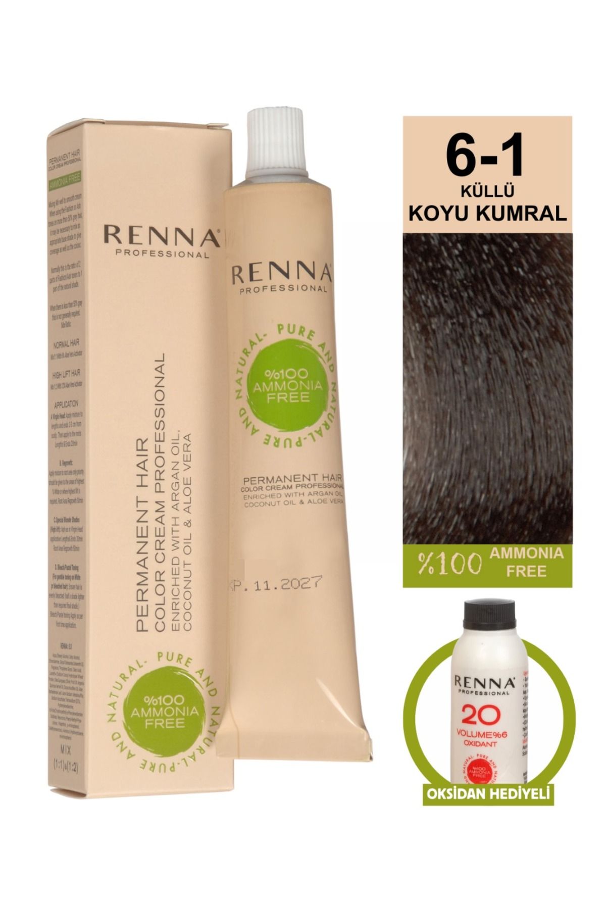 Renna AMONYAKSIZ Bitkisel Yıpranmış Saçlar İçin Saç Boyası 6-1 KÜLLÜ KOYU KUMRAL 60ml