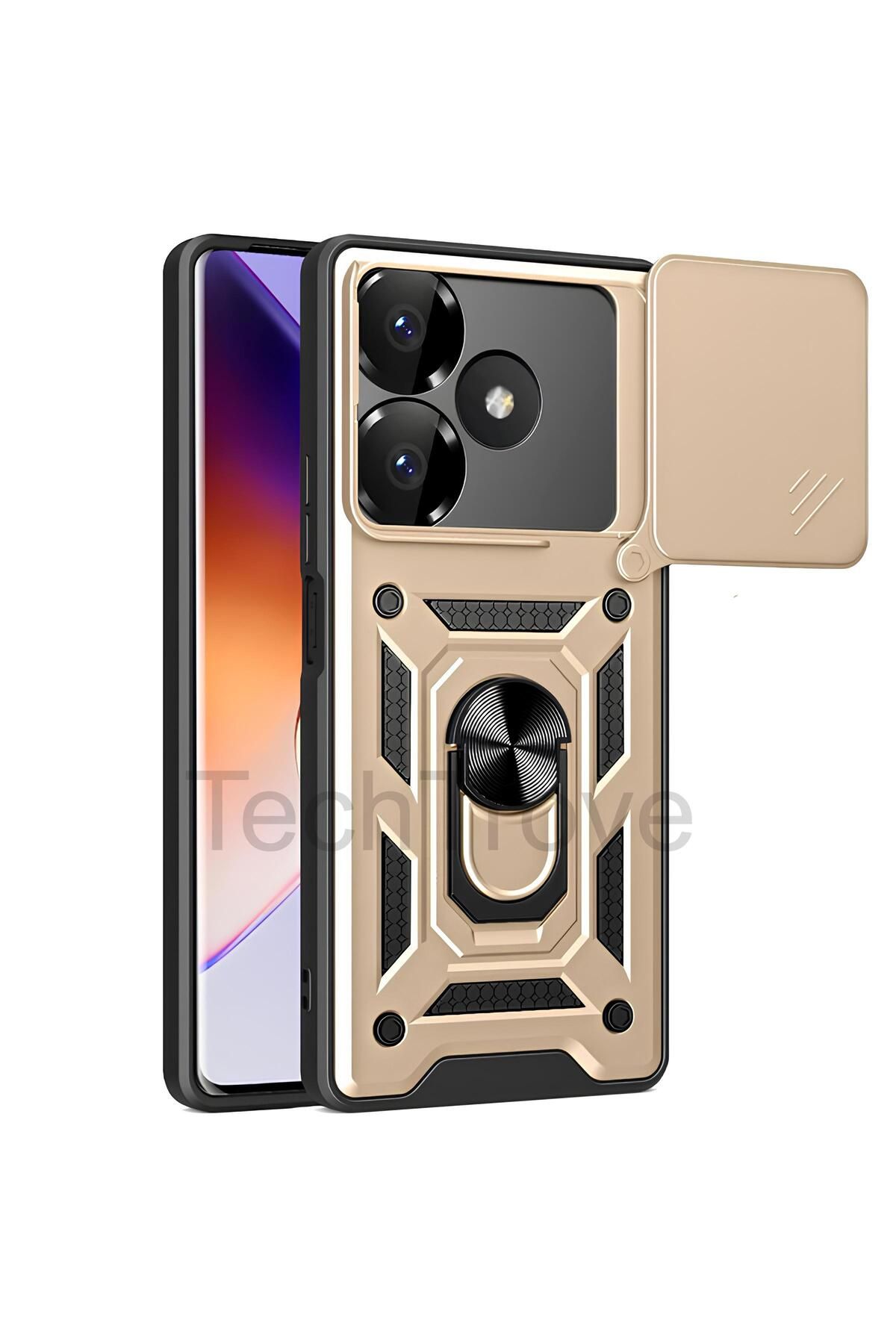 TechTrove Xiaomi Redmi 13 4G Kılıf Sürgülü Kamera Korumalı Yüzüklü Stand Olabilen Magnetic Tpu Tank Kapak