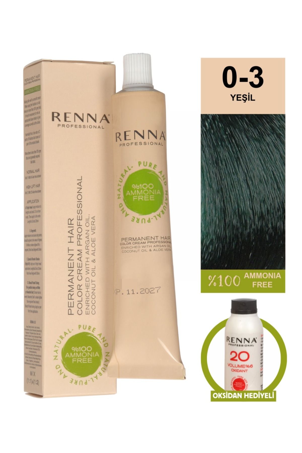 Renna AMONYAKSIZ Bitkisel Yıpranmış Saçlar İçin Saç Boyası 0-3 YEŞİL 60ml