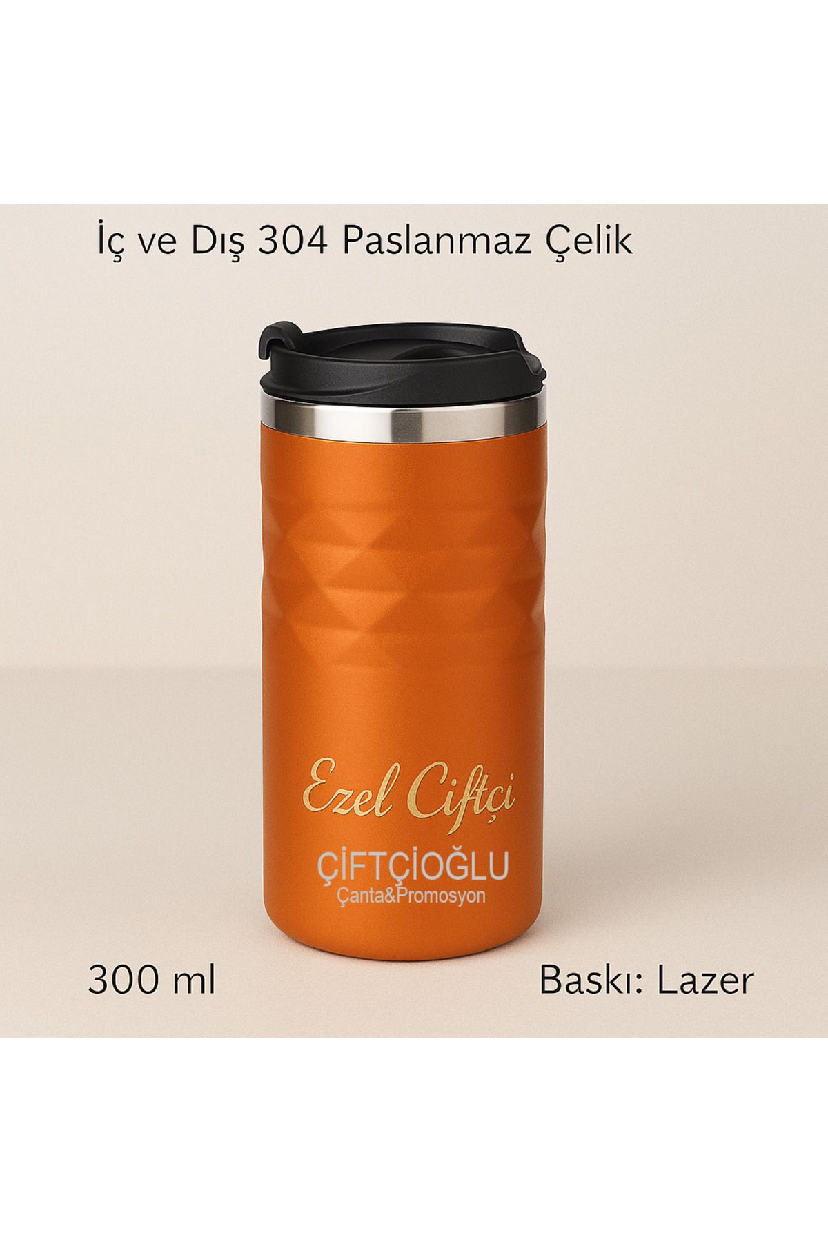 çiftçioğlu Kişiye Özel Lazer İsim Baskılı İç-Dış Paslanmaz Çelik 300ml Termos