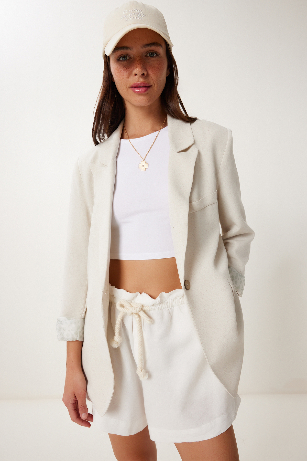 Lovelyİstanbul  Kruvaze Yaka Düğmeli Keten Blazer Ceket BEJ LNS0062 - Görsel 3