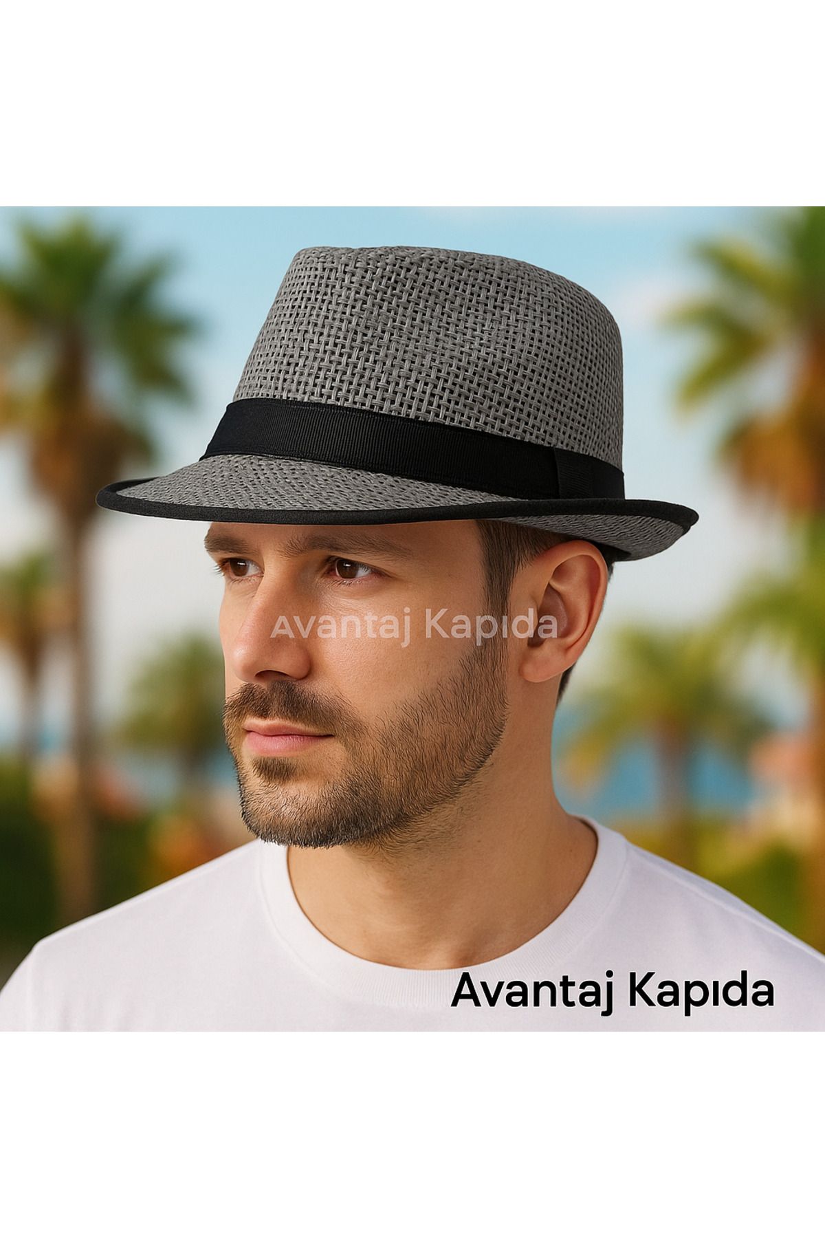 Avantaj Kapıda Premium Fötr Hasır Şapka – Yetişkin Unisex, Siyah Şeritli, Klasik Yazlık Stil