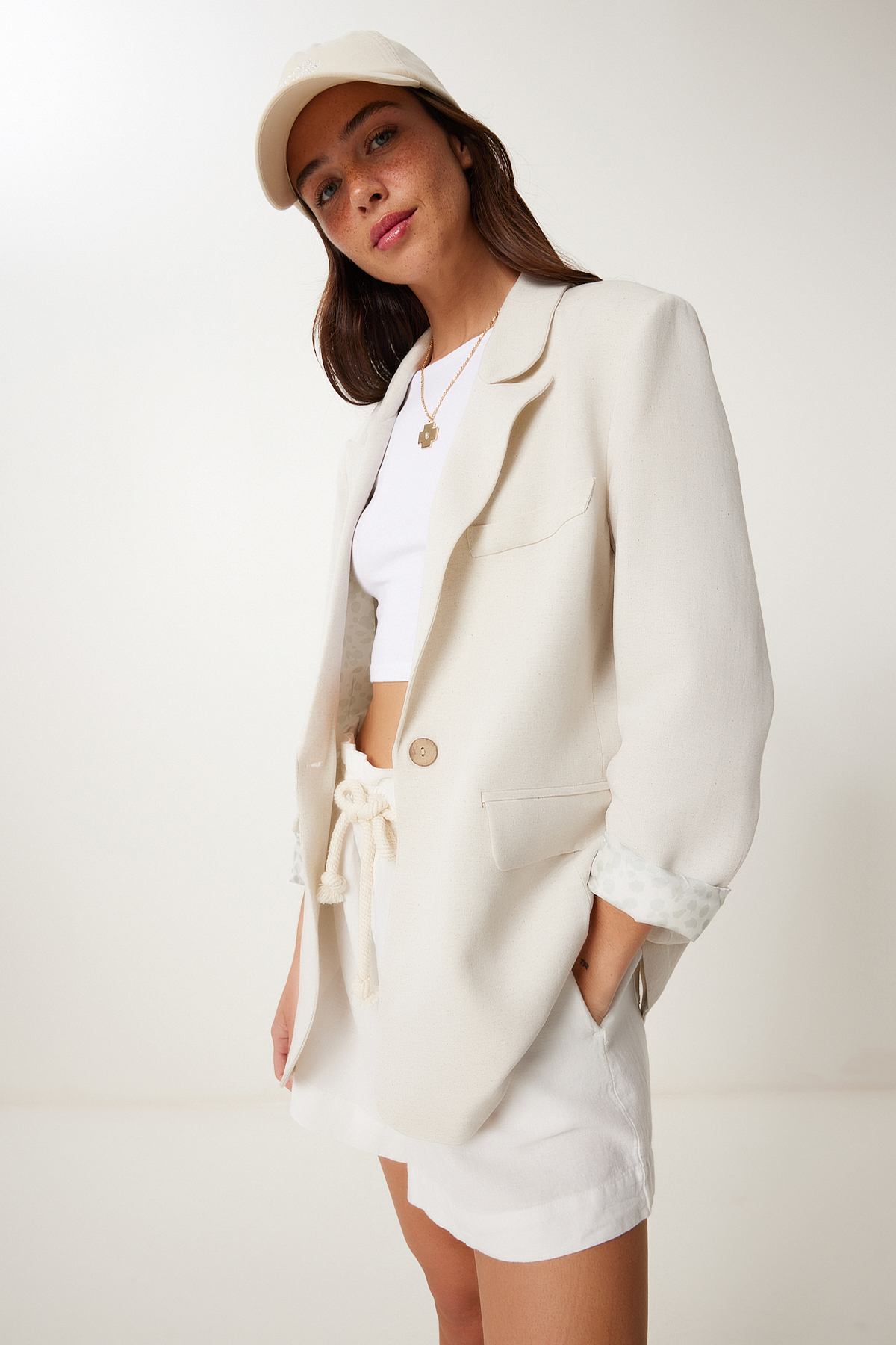 Lovelyİstanbul  Kruvaze Yaka Düğmeli Keten Blazer Ceket BEJ LNS0062 - Görsel 2