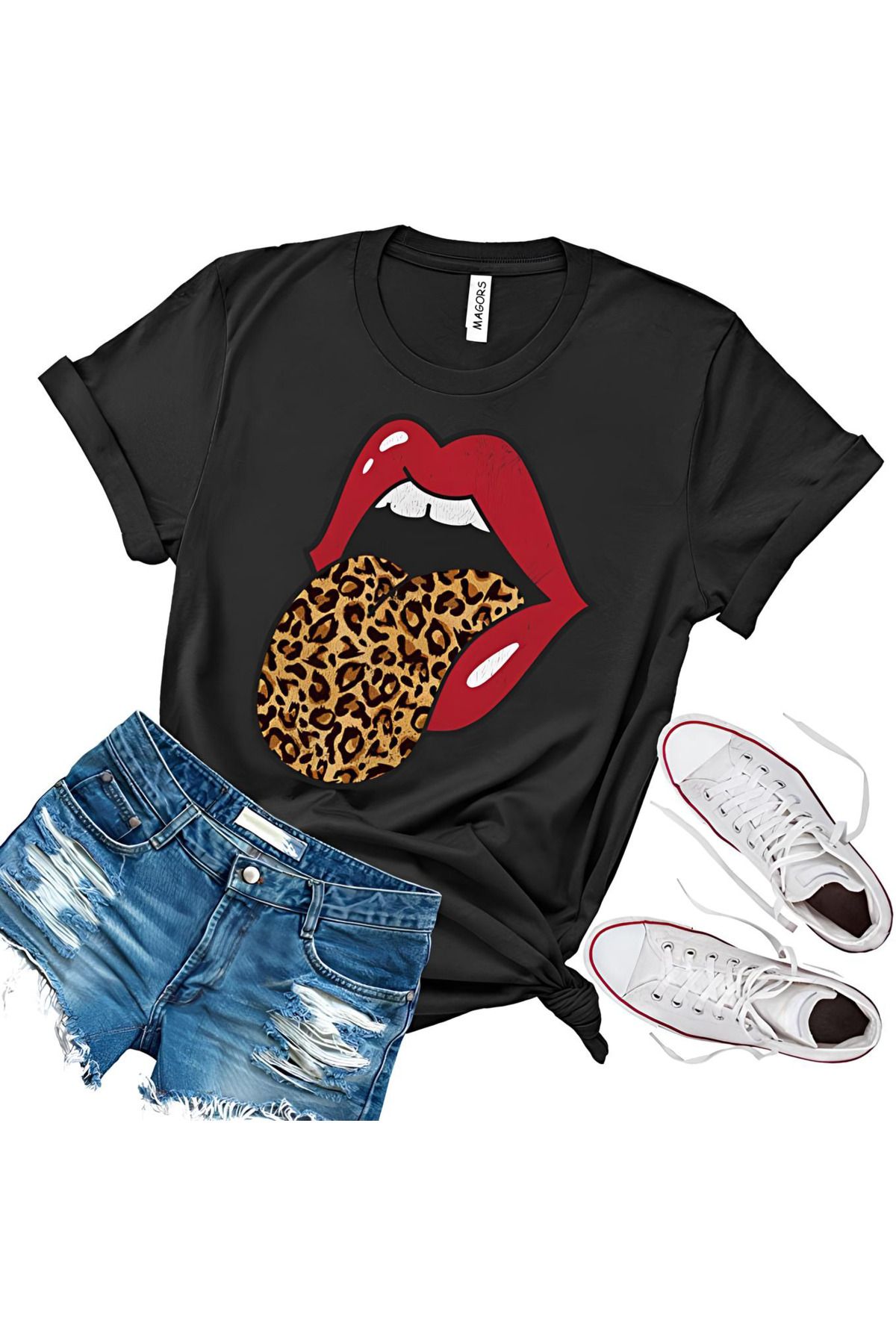 MAGORS ROLLING STONES BASKILI PAMUKLU BİSİKLET YAKA NORMAL KALIP KISA KOLLU KADIN TSHIRT