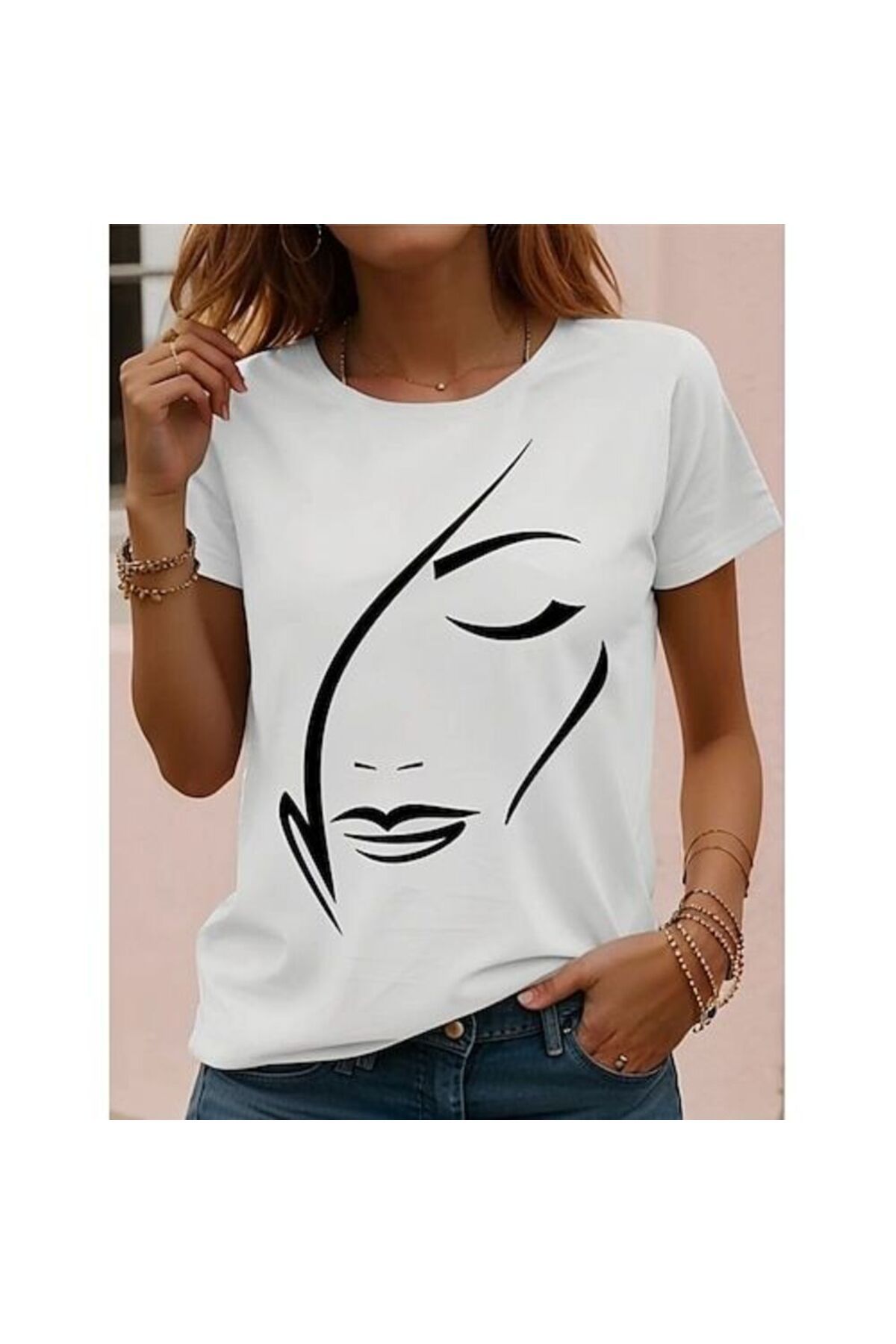 MAGORS FACE OF WOMAN BASKILI PAMUKLU BİSİKLET YAKA NORMAL KALIP KISA KOLLU KADIN TSHIRT
