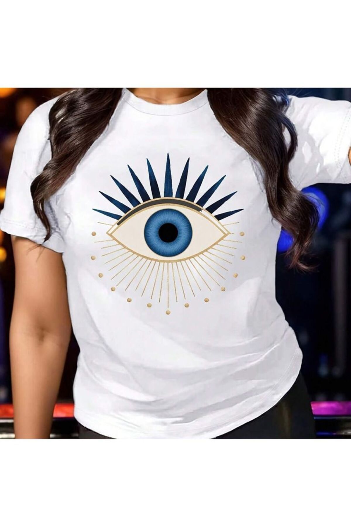 MAGORS THE EYE BASKILI PAMUKLU BİSİKLET YAKA NORMAL KALIP KISA KOLLU KADIN VE ÇOCUK TSHIRT