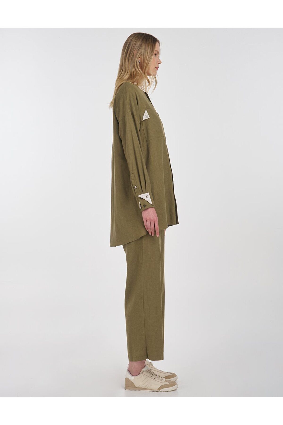 Kayra-Linen Blended Judge Collar Tunic Khaki 6